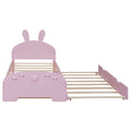 Wood Twin Size Platform Bed With Cartoon Ears Shaped Headboard And Trundle, Pink Box Spring Not Required Twin Pink Wood Bedroom Chenille Solid Wood Mdf