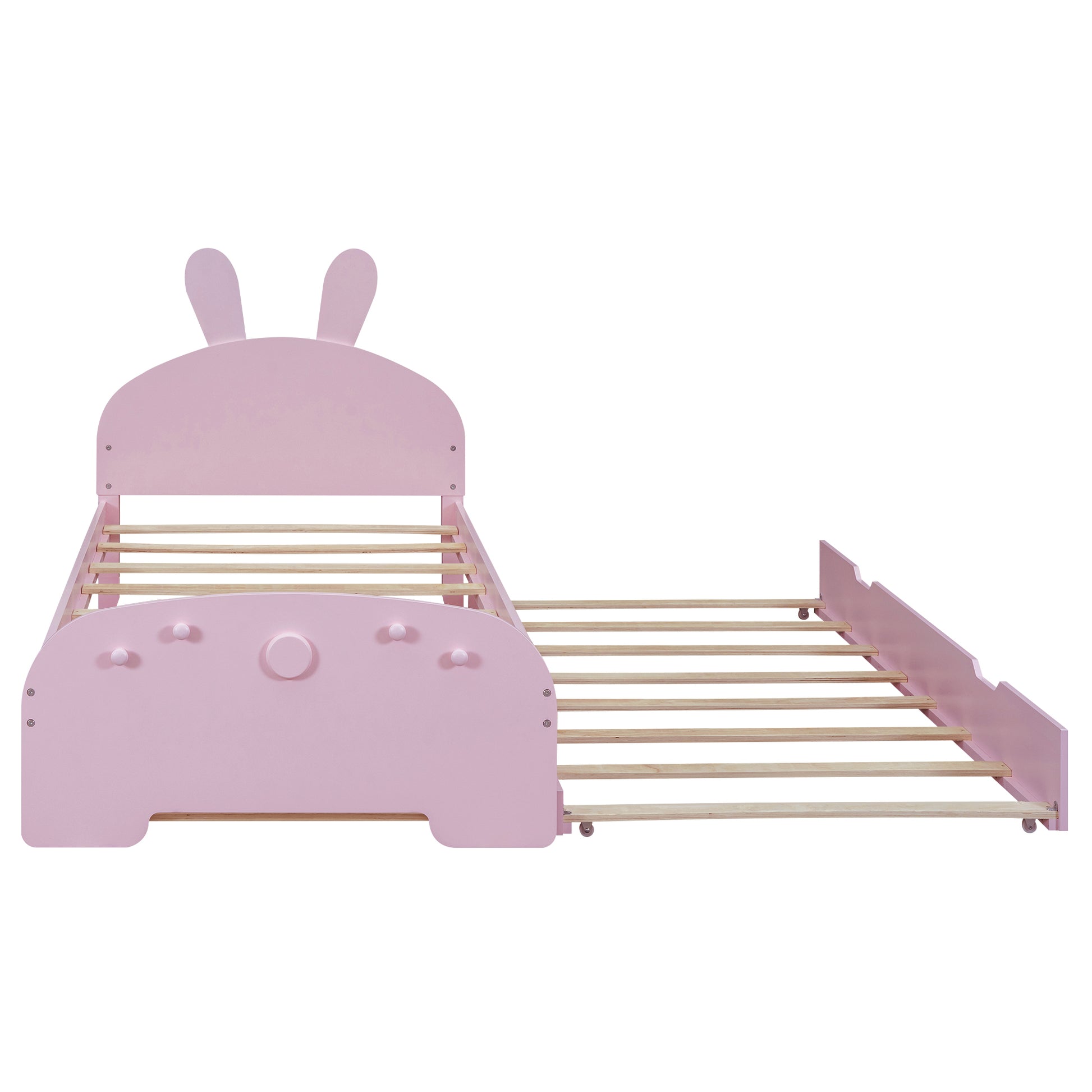 Wood Twin Size Platform Bed With Cartoon Ears Shaped Headboard And Trundle, Pink Box Spring Not Required Twin Pink Wood Bedroom Chenille Solid Wood Mdf