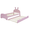 Wood Twin Size Platform Bed With Cartoon Ears Shaped Headboard And Trundle, Pink Box Spring Not Required Twin Pink Wood Bedroom Chenille Solid Wood Mdf