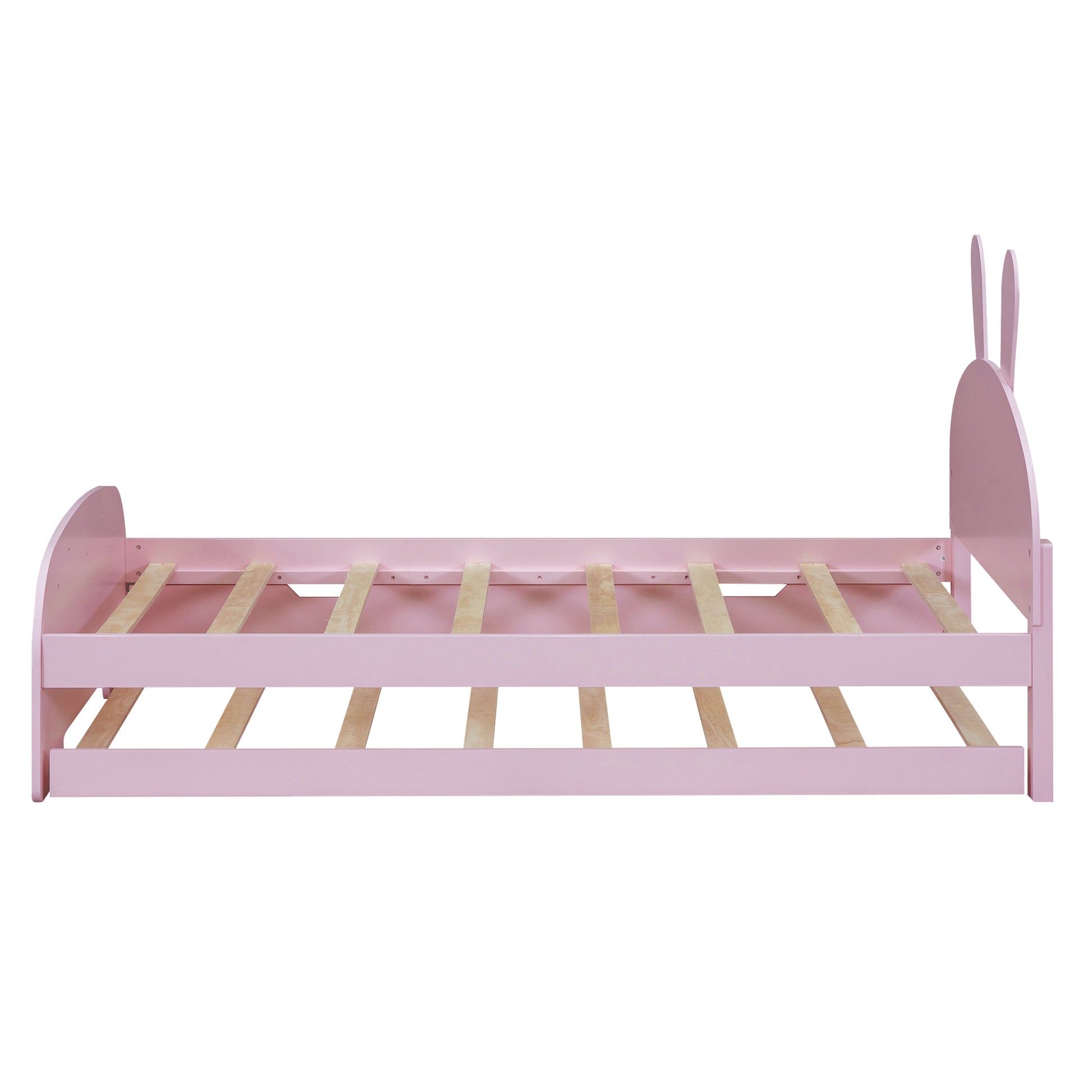 Wood Twin Size Platform Bed With Cartoon Ears Shaped Headboard And Trundle, Pink Box Spring Not Required Twin Pink Wood Bedroom Chenille Solid Wood Mdf