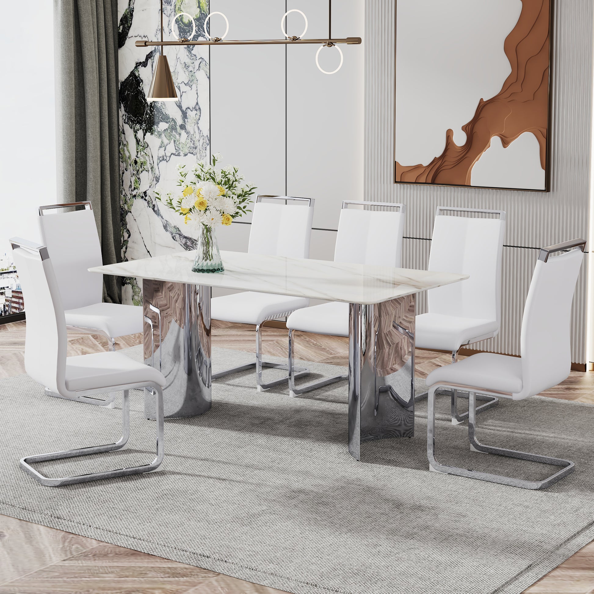 Modern Minimalist Dining Table. White Imitation Marble Glass Sticker Desktop, Stainless Steel Legs, Stable And Beautiful. Suitable For Living Room And Dining Room 63" *35.4" *29.5"Dt 69 White Glass