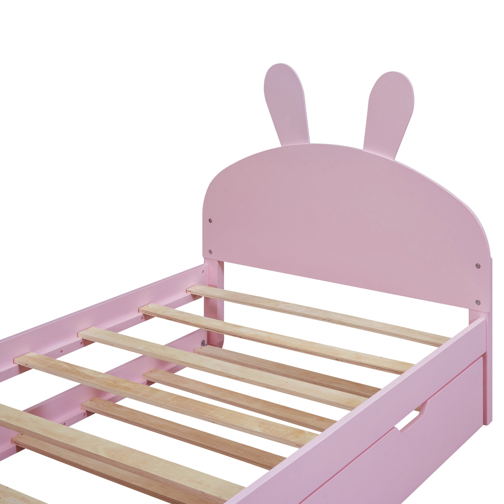 Wood Twin Size Platform Bed With Cartoon Ears Shaped Headboard And Trundle, Pink Box Spring Not Required Twin Pink Wood Bedroom Chenille Solid Wood Mdf