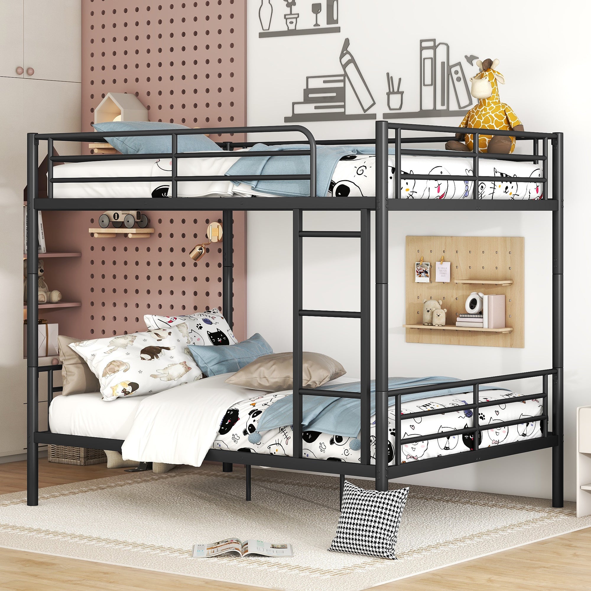 Full Over Full Metal Bunk Bed, Black Black Iron