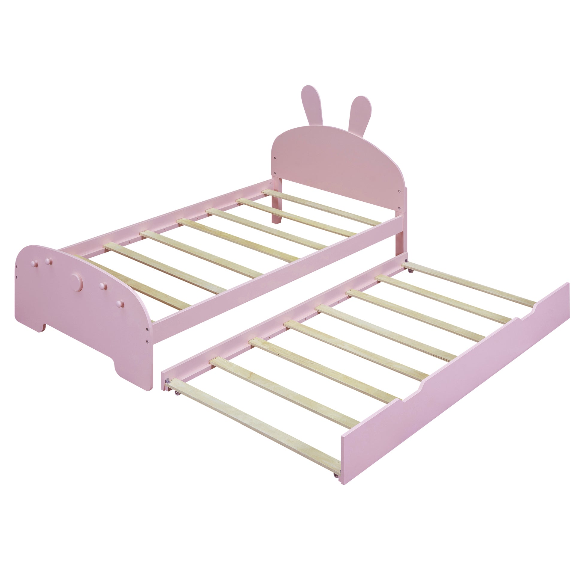 Wood Twin Size Platform Bed With Cartoon Ears Shaped Headboard And Trundle, Pink Box Spring Not Required Twin Pink Wood Bedroom Chenille Solid Wood Mdf