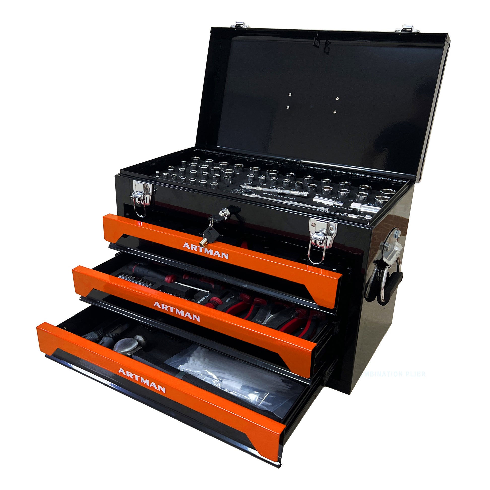 3 Drawers Tool Box With Tool Set Orange Black Orange Steel