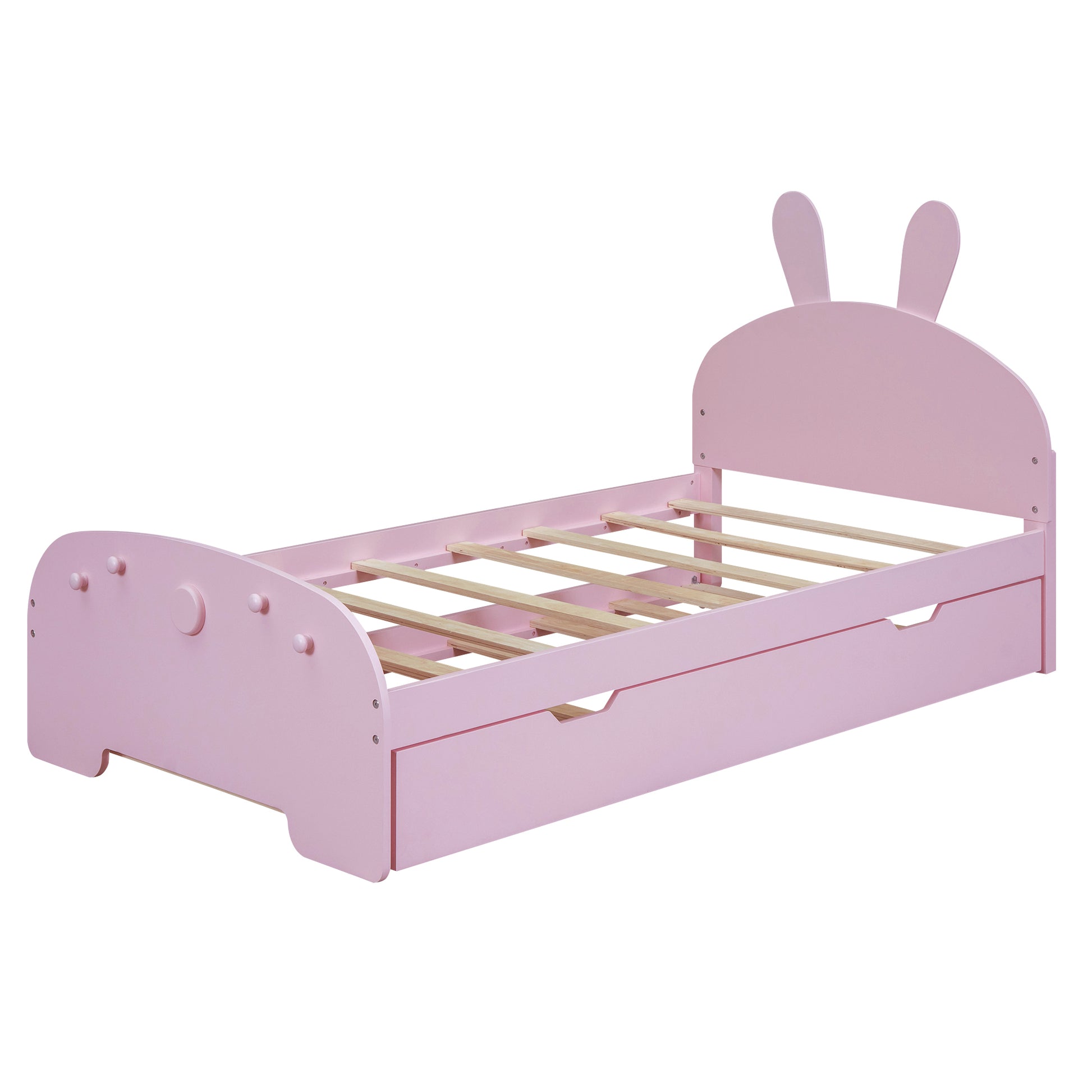 Wood Twin Size Platform Bed With Cartoon Ears Shaped Headboard And Trundle, Pink Box Spring Not Required Twin Pink Wood Bedroom Chenille Solid Wood Mdf