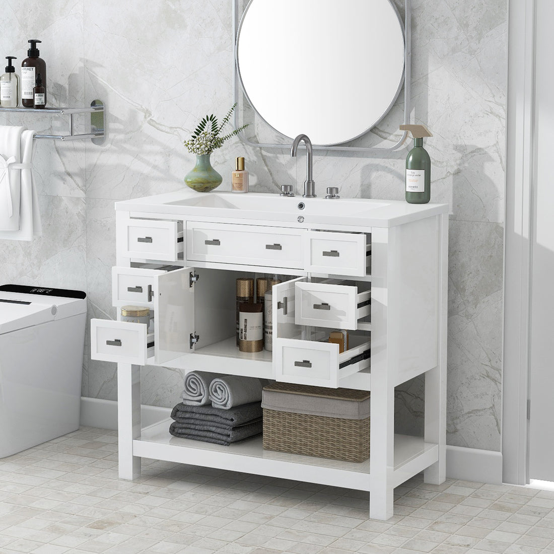 36'' Bathroom Vanity With Top Sink, Modern Bathroom Storage Cabinet With 2 Soft Closing Doors And 6 Drawers, Single Sink Bathroom Vanity 4 White 2 1 Soft Close Doors Freestanding Mdf Painted