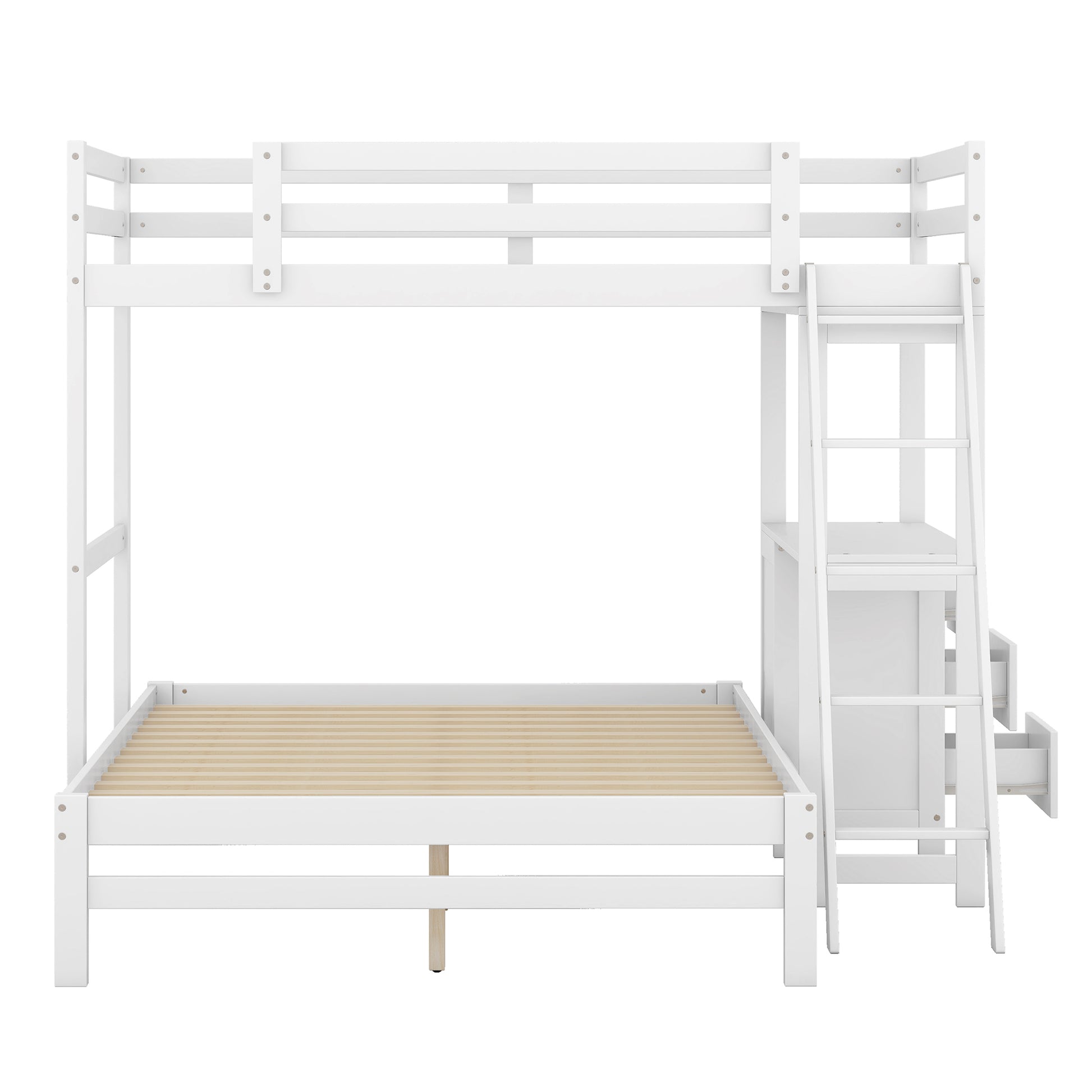 Twin Over Full Bunk Bed With Built In Desk And Three Drawers,White Box Spring Not Required White Wood Pine