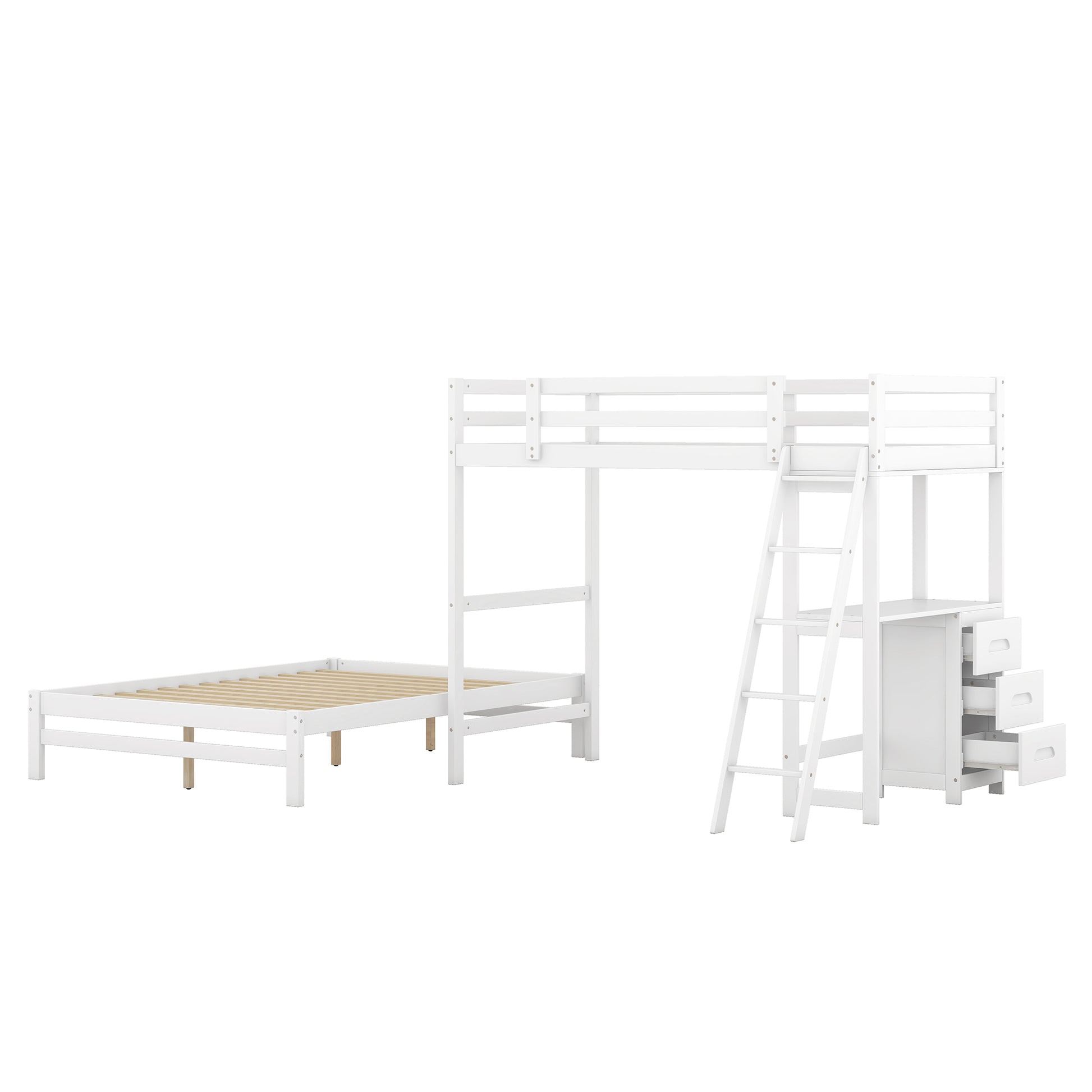 Twin Over Full Bunk Bed With Built In Desk And Three Drawers,White Box Spring Not Required White Wood Pine