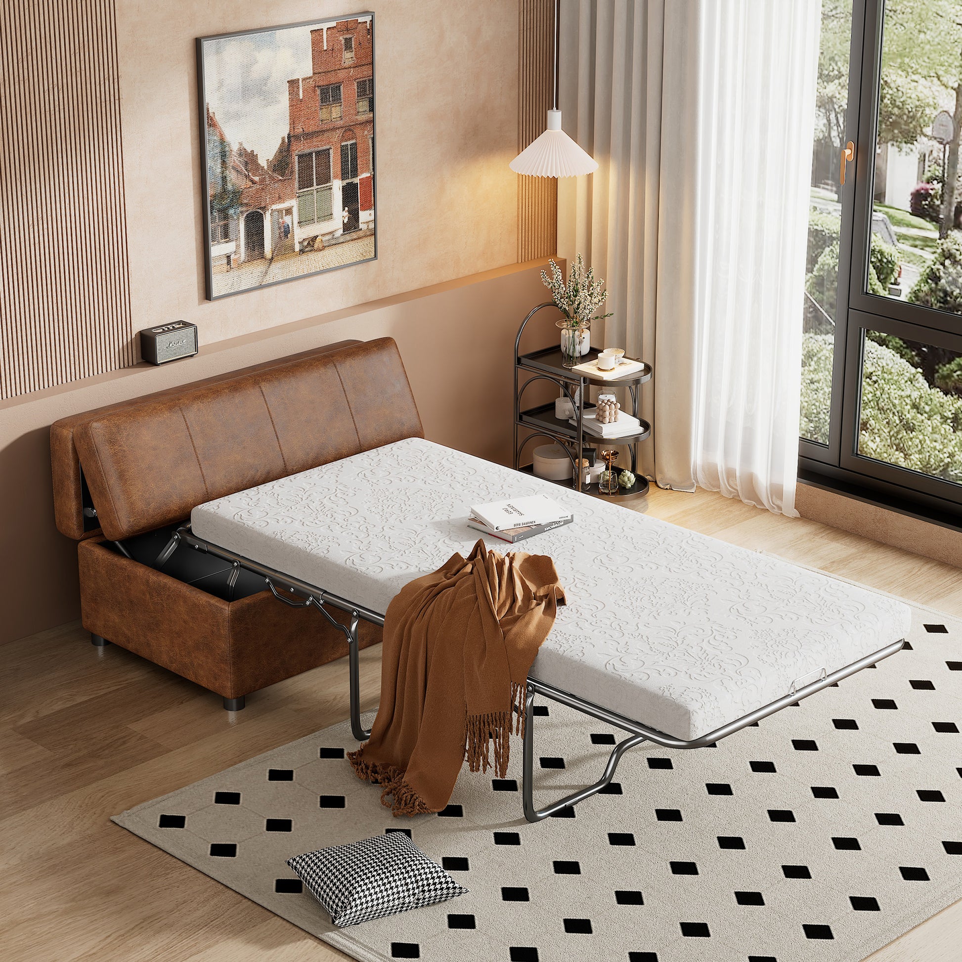 Twin Size Folding Ottoman Sleeper Bed With Mattress Convertible Guest Bed Brown Brown Foam Pu 1 Seat