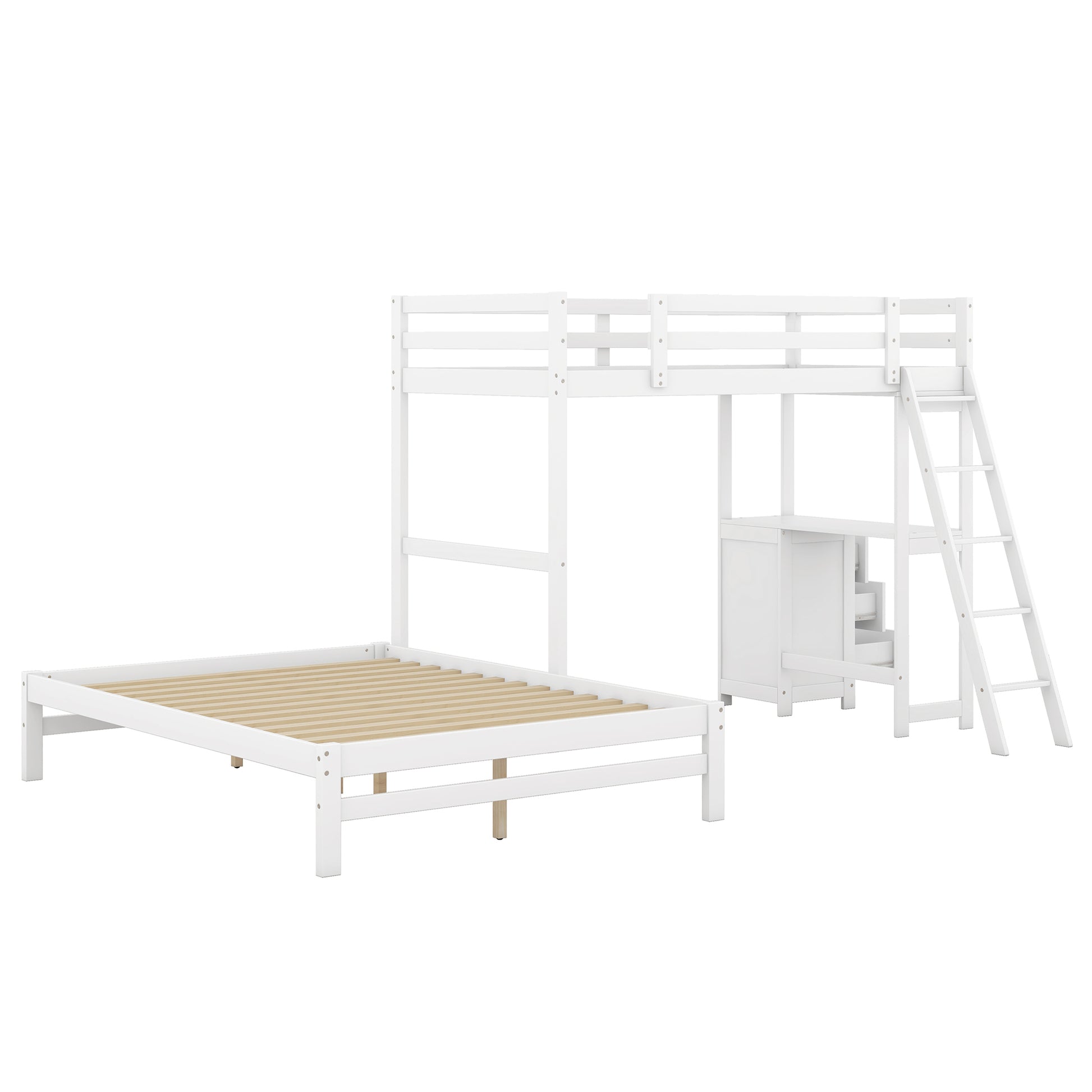 Twin Over Full Bunk Bed With Built In Desk And Three Drawers,White Box Spring Not Required White Wood Pine