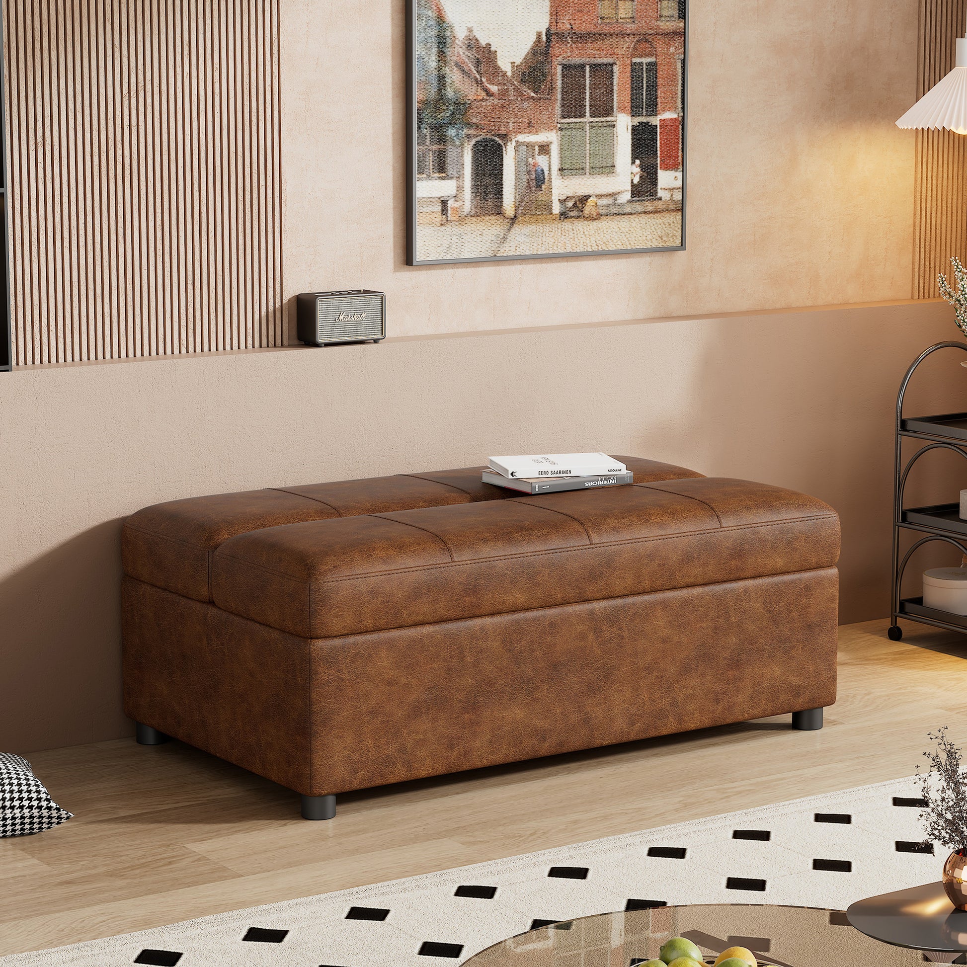Twin Size Folding Ottoman Sleeper Bed With Mattress Convertible Guest Bed Brown Brown Foam Pu 1 Seat