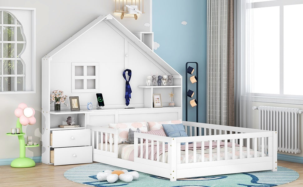 Full Size House Bed With Window And Bedside Drawers, Platform Bed With Shelves And A Set Of Sockets And Usb Port, White White Solid Wood Mdf