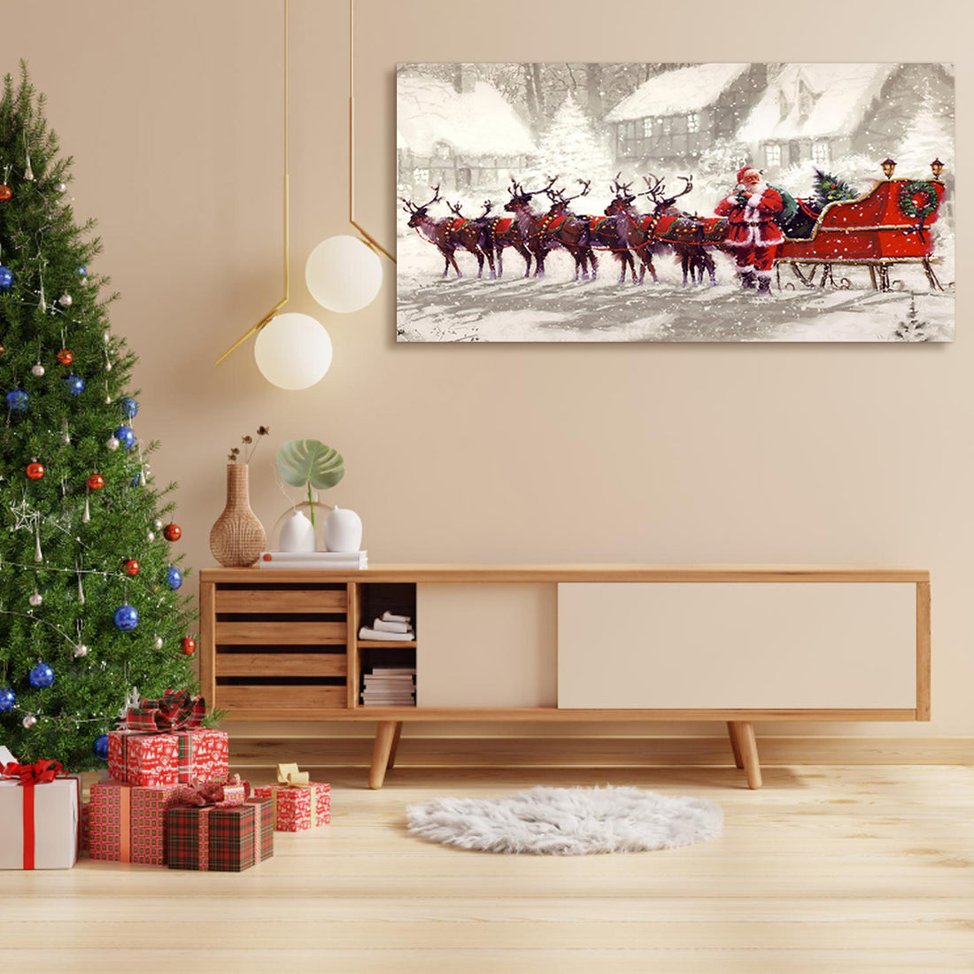 Framed Canvas Wall Art Decor Painting For Chrismas, Santa Claus With Reindeer Sledge Painting For Chrismas Gift, Decoration For Chrismas Eve Office Living Room, Bedroom Decor Ready To Hang Rectangle Framed Multicolor Christmas Medium 25In 32In Canvas