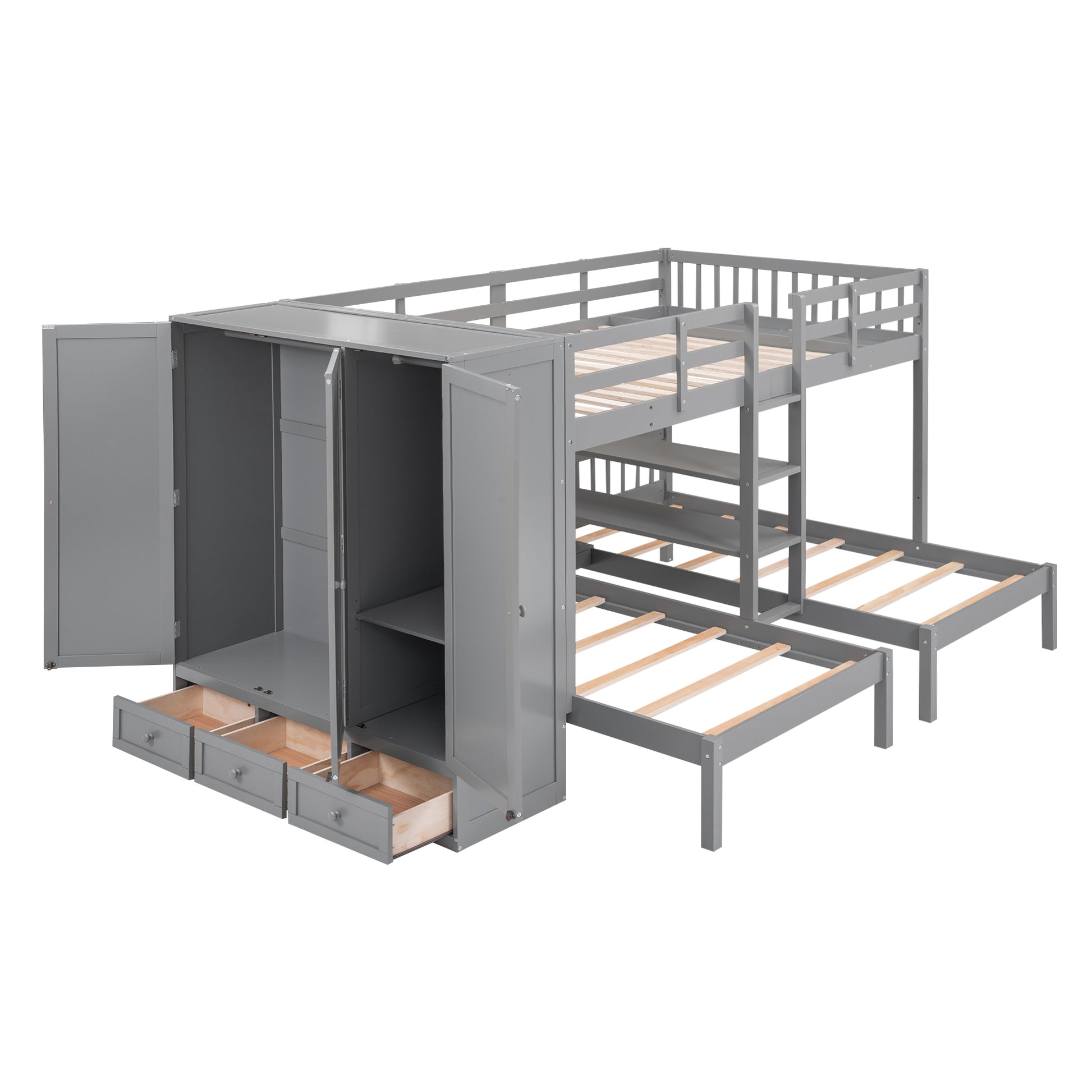 Full Over Twin Twin Bunk Bed With Shelves, Wardrobe And Mirror, Gray Gray Solid Wood Mdf