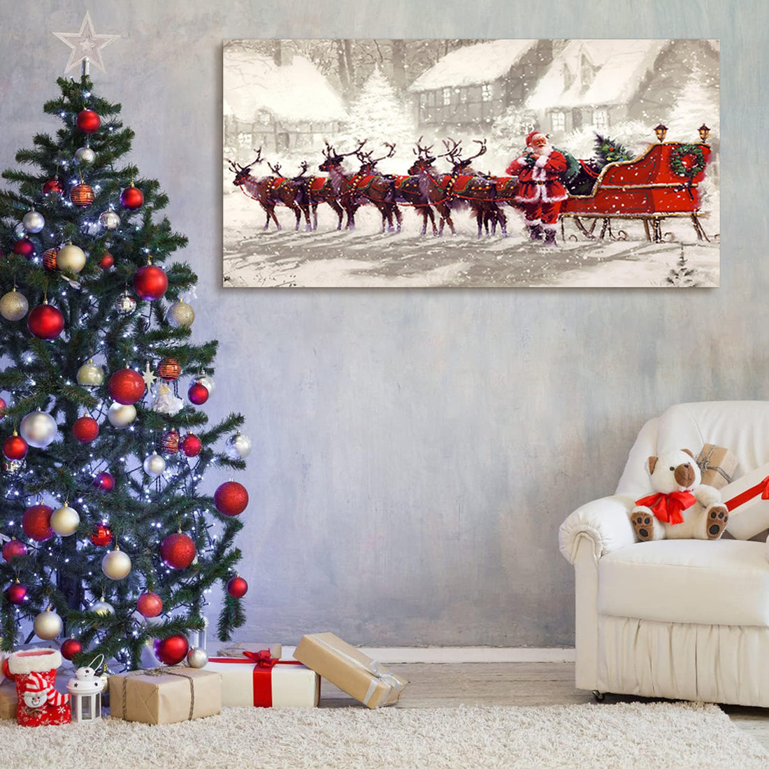 Framed Canvas Wall Art Decor Painting For Chrismas, Santa Claus With Reindeer Sledge Painting For Chrismas Gift, Decoration For Chrismas Eve Office Living Room, Bedroom Decor Ready To Hang Rectangle Framed Multicolor Christmas Medium 25In 32In Canvas