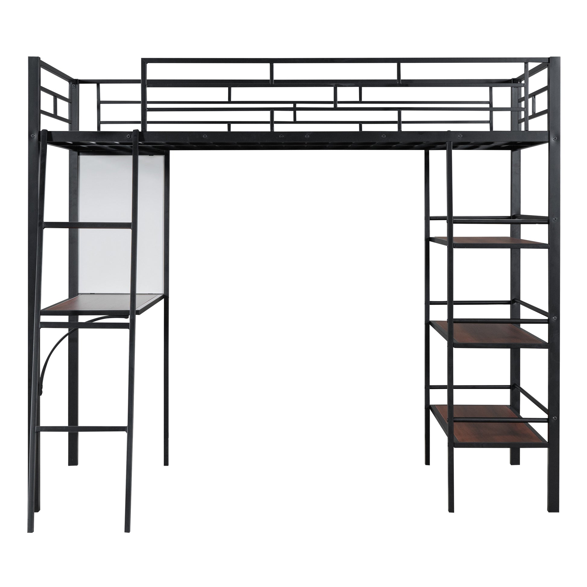 Twin Size Loft Metal Bed With 3 Layers Of Shelves And Desk, Stylish Metal Frame Bed With Whiteboard, Black Black Metal