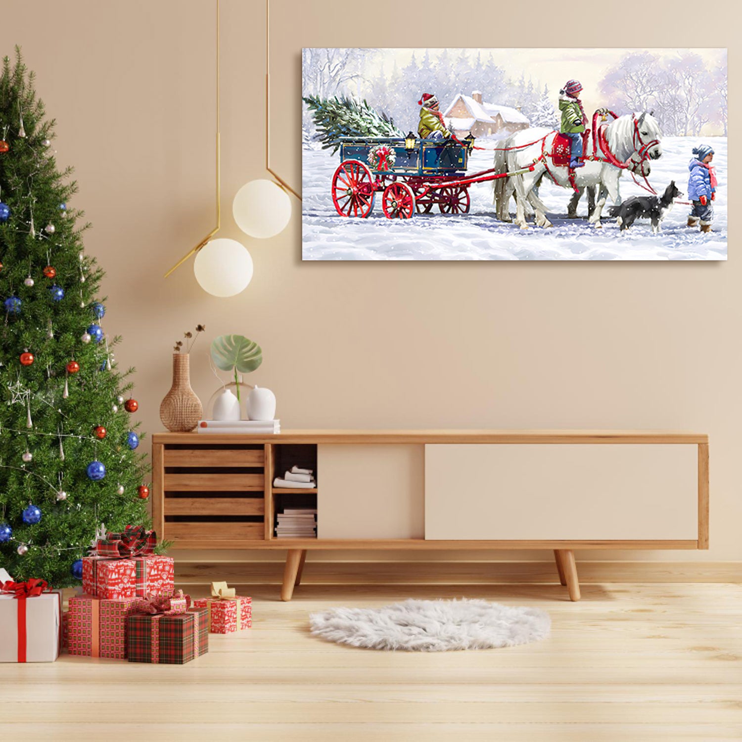 Framed Canvas Wall Art Decor Painting For Chrismas, Kids Riding White Horse Sledge Chrismas Gift Painting For Chrismas Gift, Decoration For Chrismas Eve Office Living Room, Bedroom Decor Ready To Hang Rectangle Framed Multicolor Christmas Medium 25In