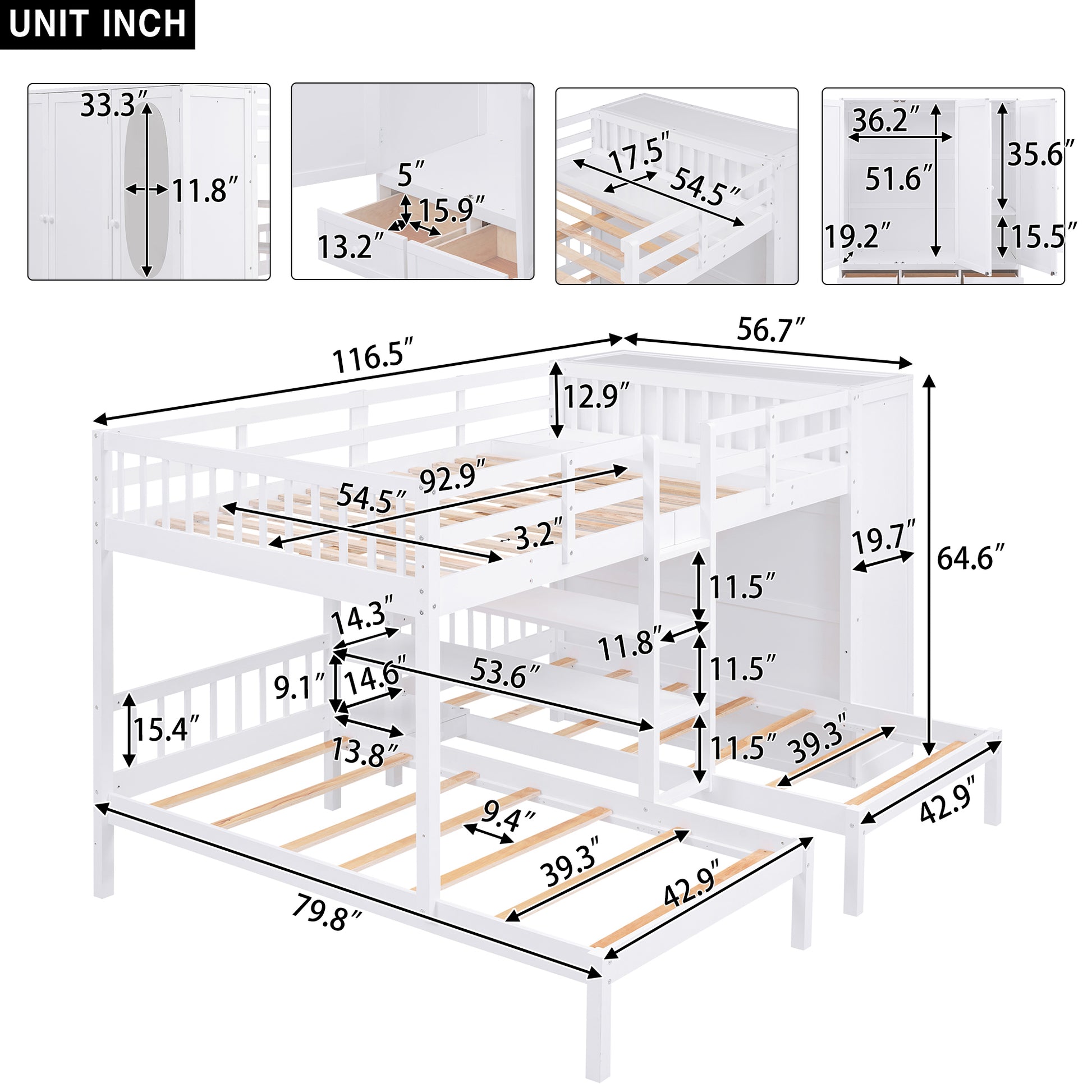 Full Over Twin Twin Bunk Bed With Shelves, Wardrobe And Mirror, White White Solid Wood Mdf