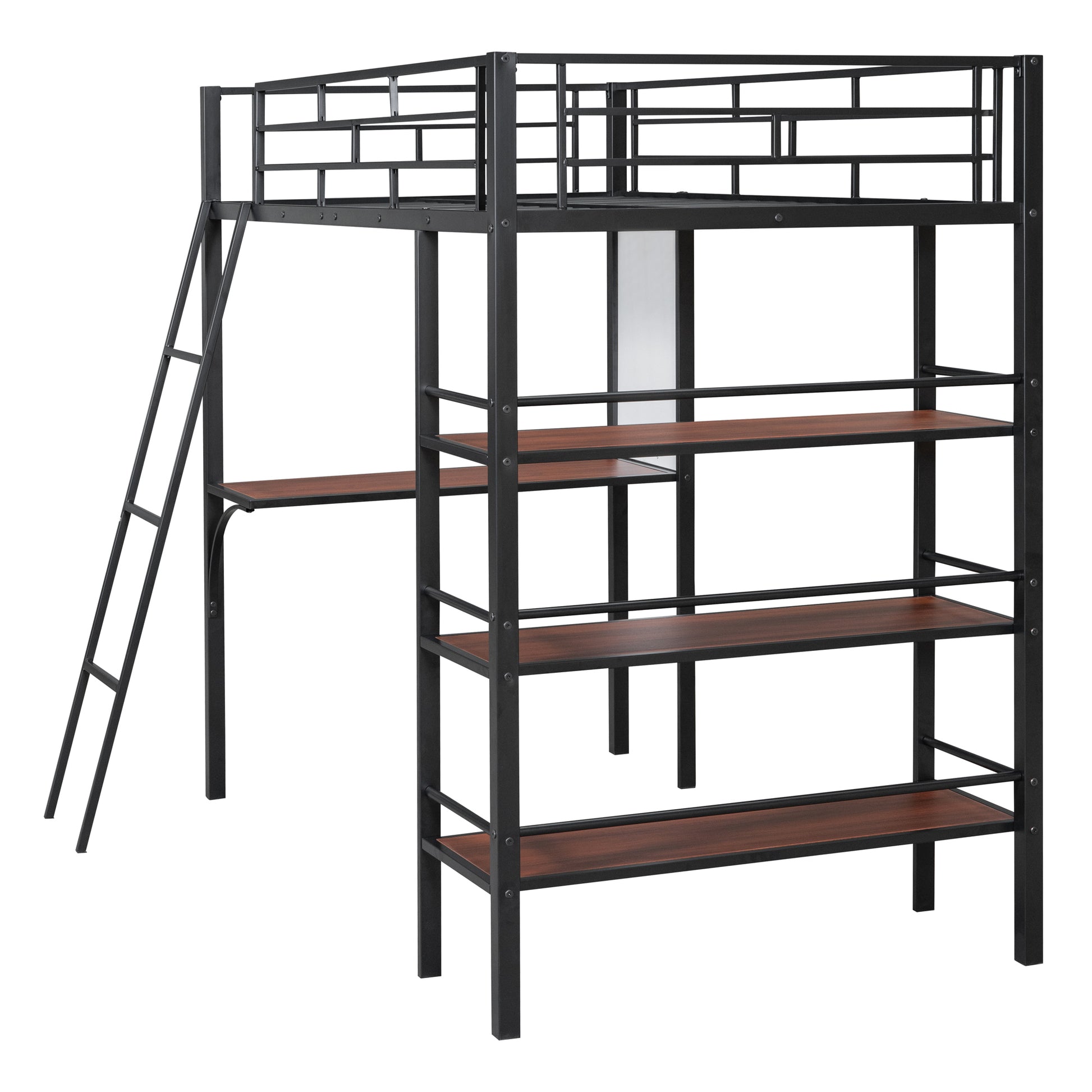 Twin Size Loft Metal Bed With 3 Layers Of Shelves And Desk, Stylish Metal Frame Bed With Whiteboard, Black Black Metal