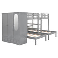 Full Over Twin Twin Bunk Bed With Shelves, Wardrobe And Mirror, Gray Gray Solid Wood Mdf