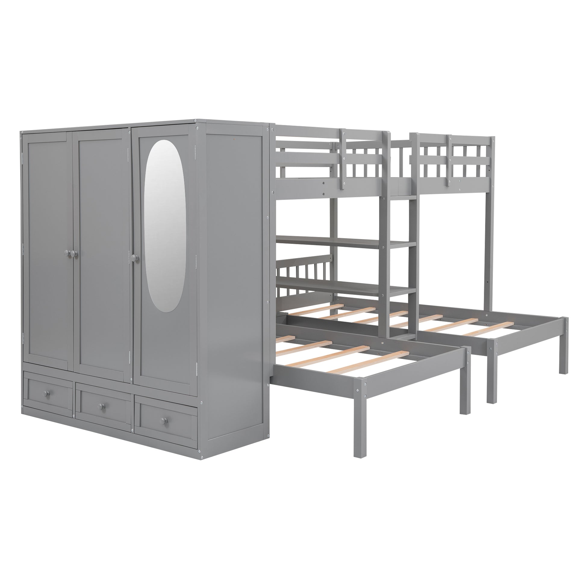 Full Over Twin Twin Bunk Bed With Shelves, Wardrobe And Mirror, Gray Gray Solid Wood Mdf