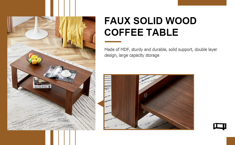 Modern And Practical Walnut Textured Coffee Tablestea Tables. The Double Layered Coffee Table Is Made Of Mdf Material. Suitable For Living Room 43.3"*21.6"*16.5" Ct 16 Walnut Mdf