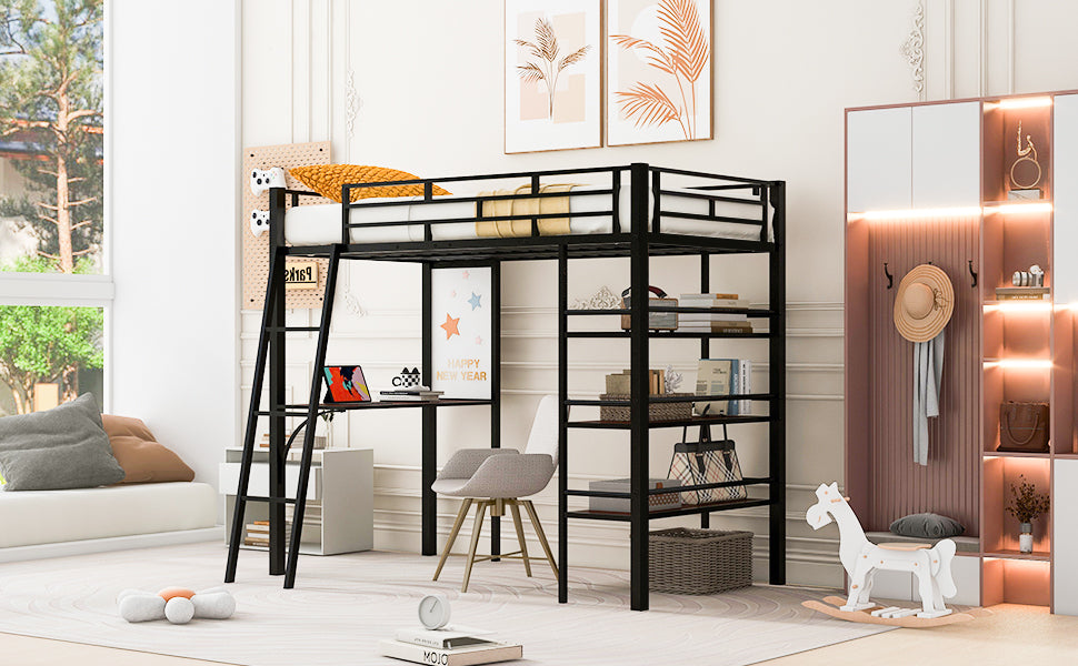 Twin Size Loft Metal Bed With 3 Layers Of Shelves And Desk, Stylish Metal Frame Bed With Whiteboard, Black Black Metal