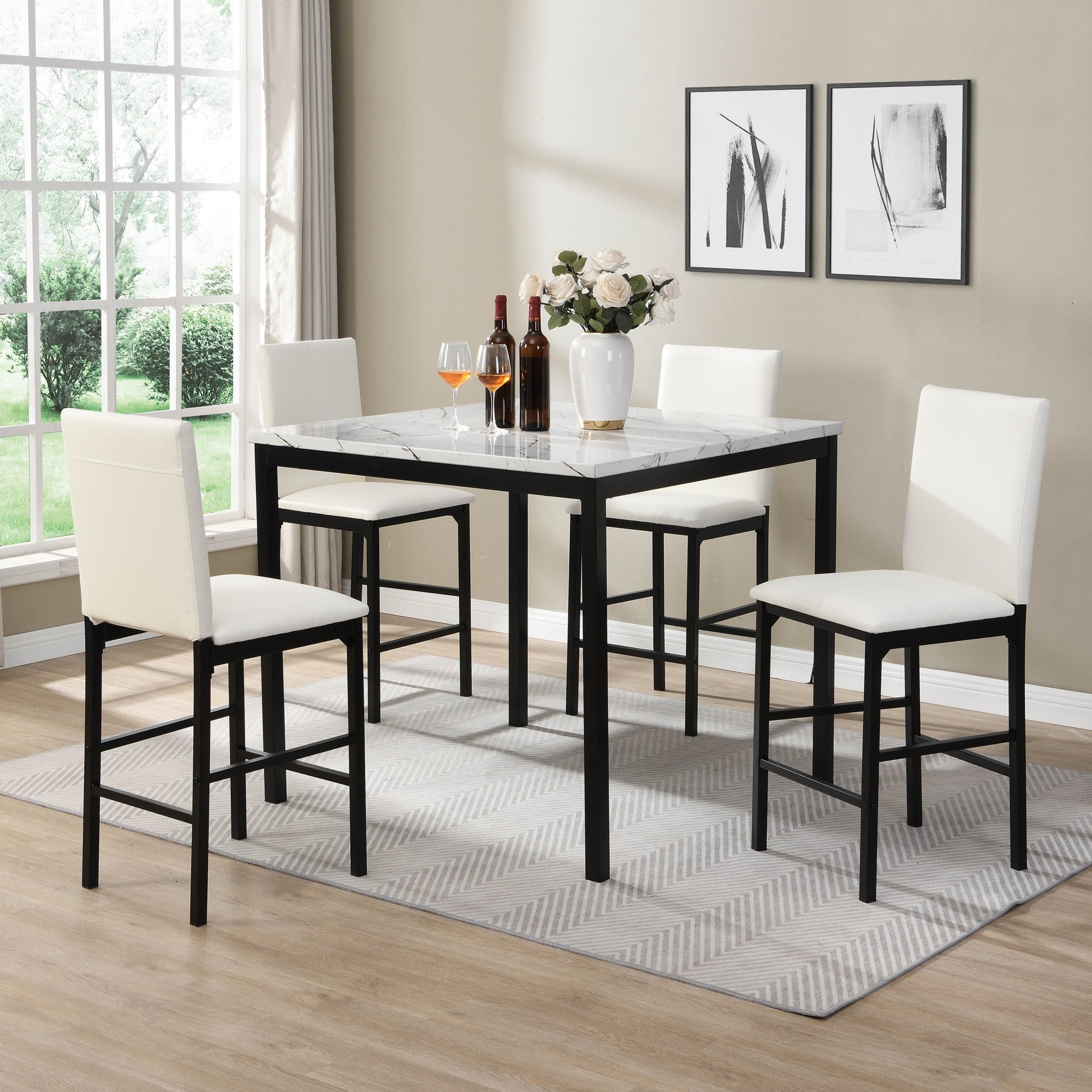 White Counter Height Chairs 4Pc Set Black Metal Frame Casual Dining Room Furniture Faux Leather Upholstered White Dining Room Casual,Transitional Metal