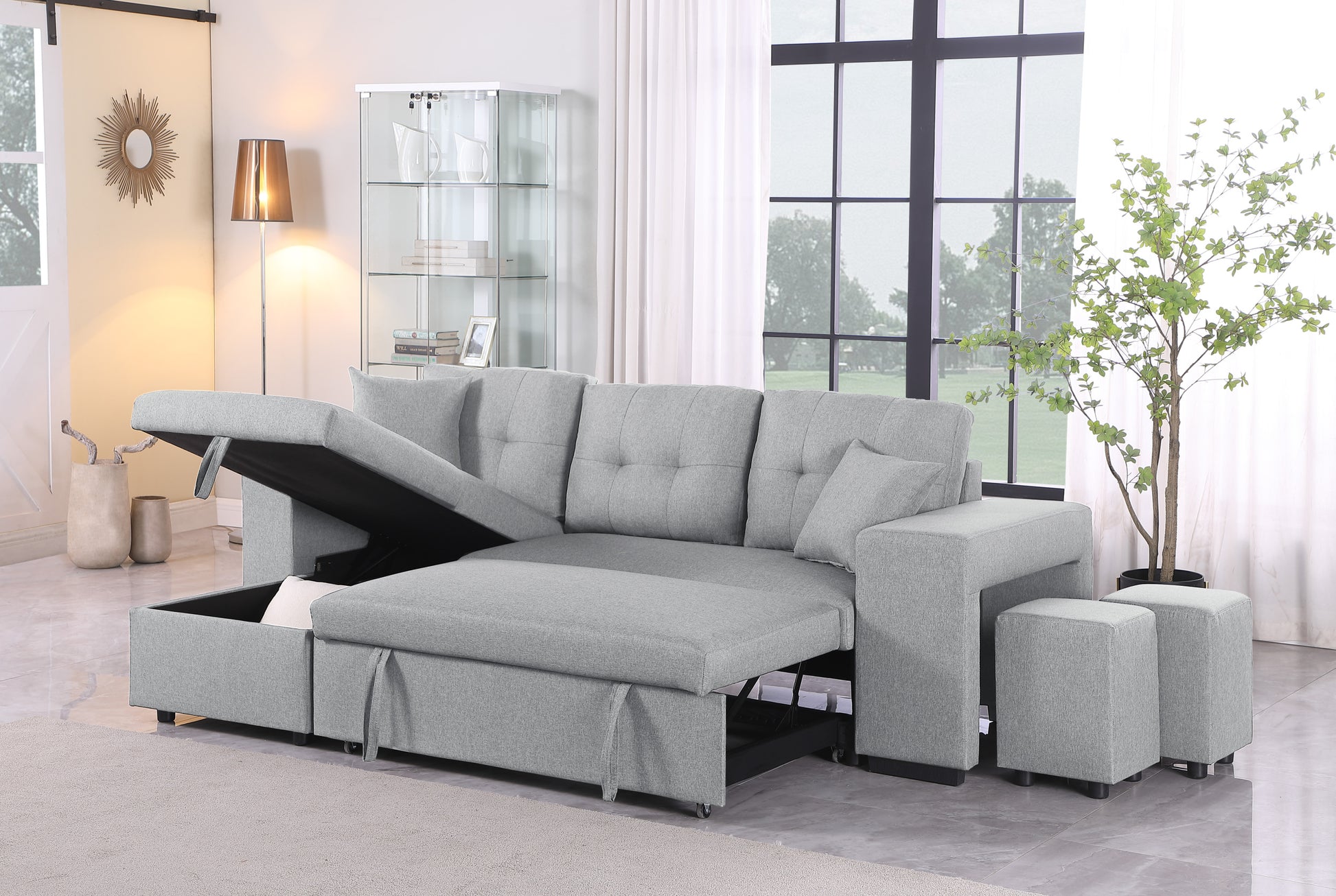 Daniel Upholstered Reversible Sectional With Pull Out Seat Light Gray Foam Linen