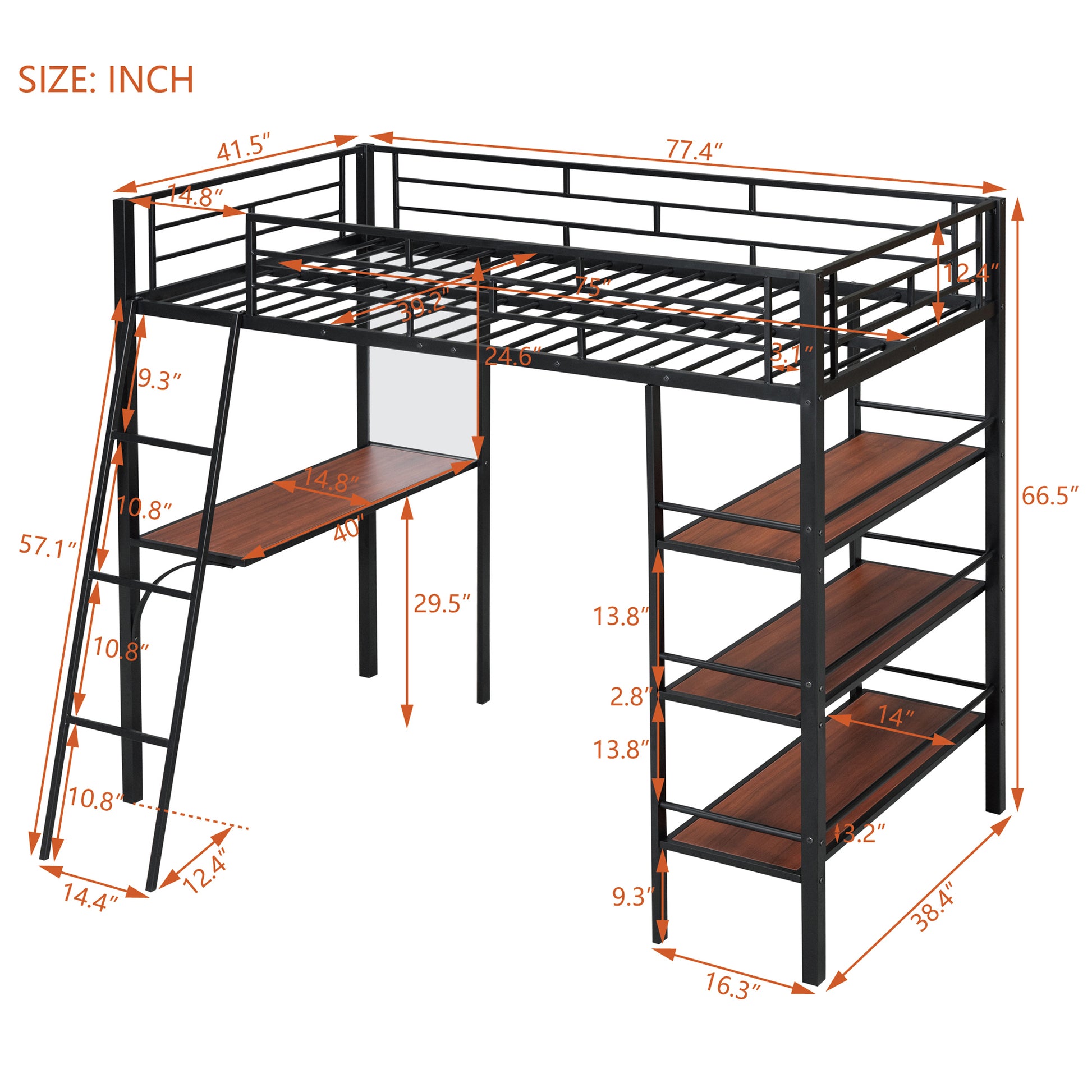 Twin Size Loft Metal Bed With 3 Layers Of Shelves And Desk, Stylish Metal Frame Bed With Whiteboard, Black Black Metal