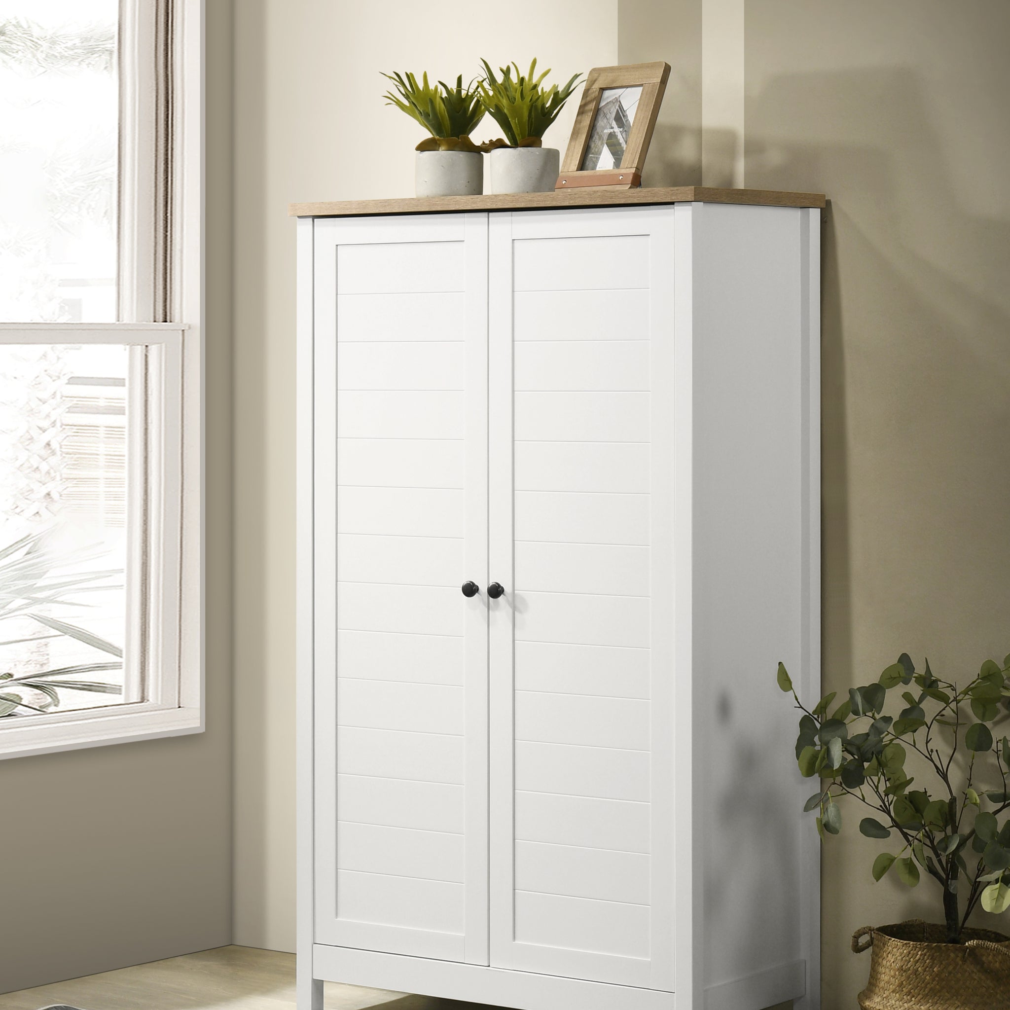 Claire 35" White Storage Cabinet With Oak Accent Finish And Framed Slatted Panel Design White Oak Wood