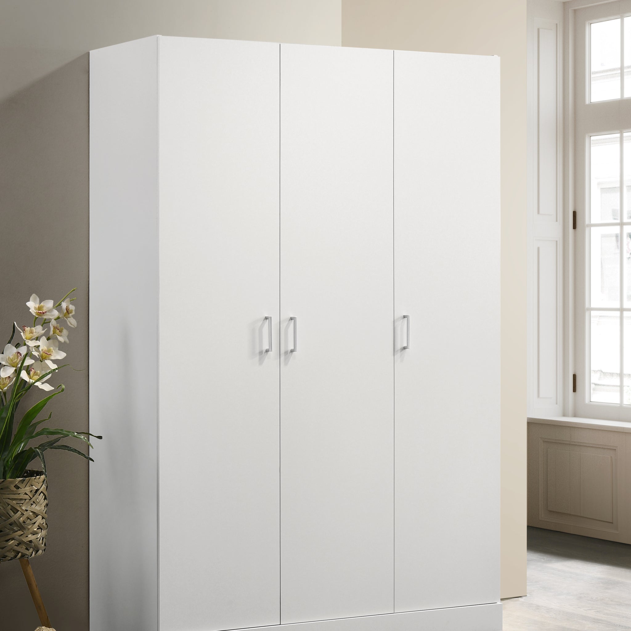 Declan 46" White 3 Door Wardrobe Cabinet Armoire With Storage Shelves And Hanging Rod White Wood