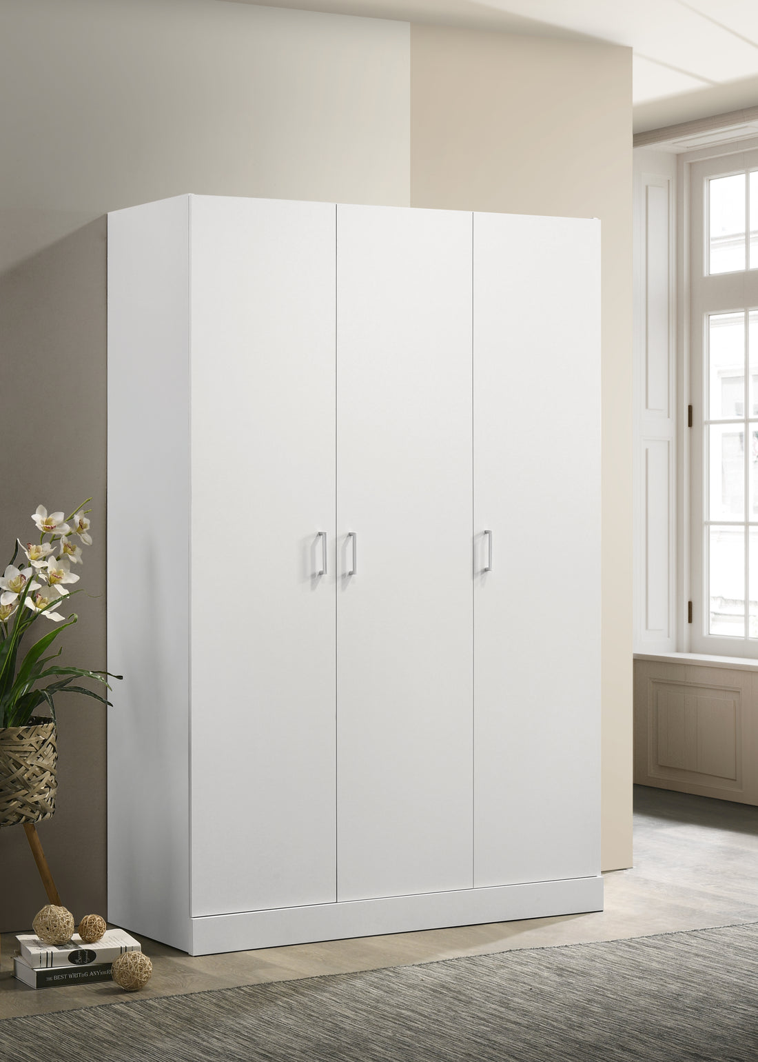 Declan 46" White 3 Door Wardrobe Cabinet Armoire With Storage Shelves And Hanging Rod White Wood