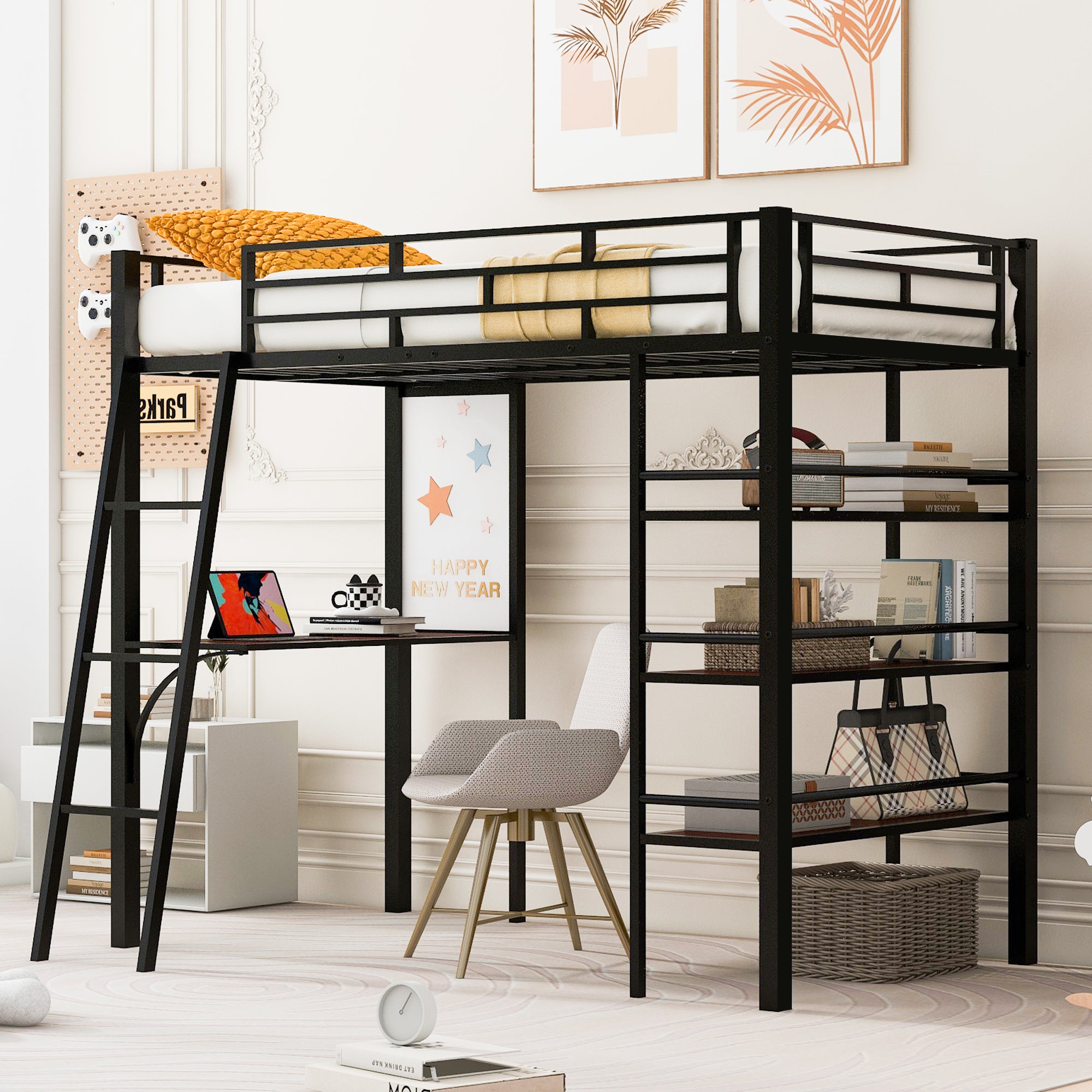 Twin Size Loft Metal Bed With 3 Layers Of Shelves And Desk, Stylish Metal Frame Bed With Whiteboard, Black Black Metal