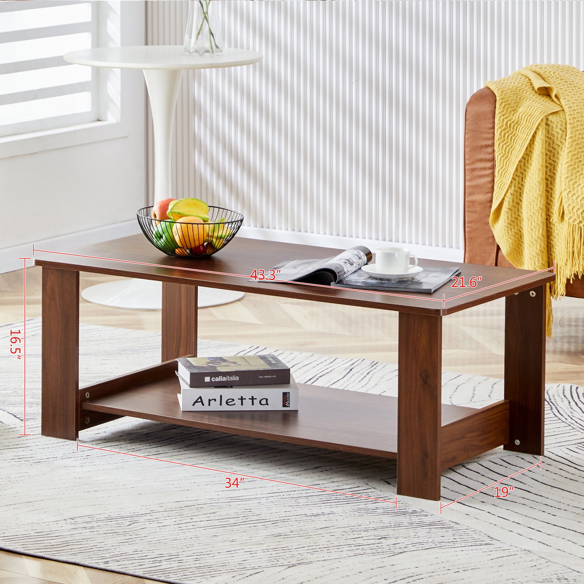Modern And Practical Walnut Textured Coffee Tablestea Tables. The Double Layered Coffee Table Is Made Of Mdf Material. Suitable For Living Room 43.3"*21.6"*16.5" Ct 16 Walnut Mdf