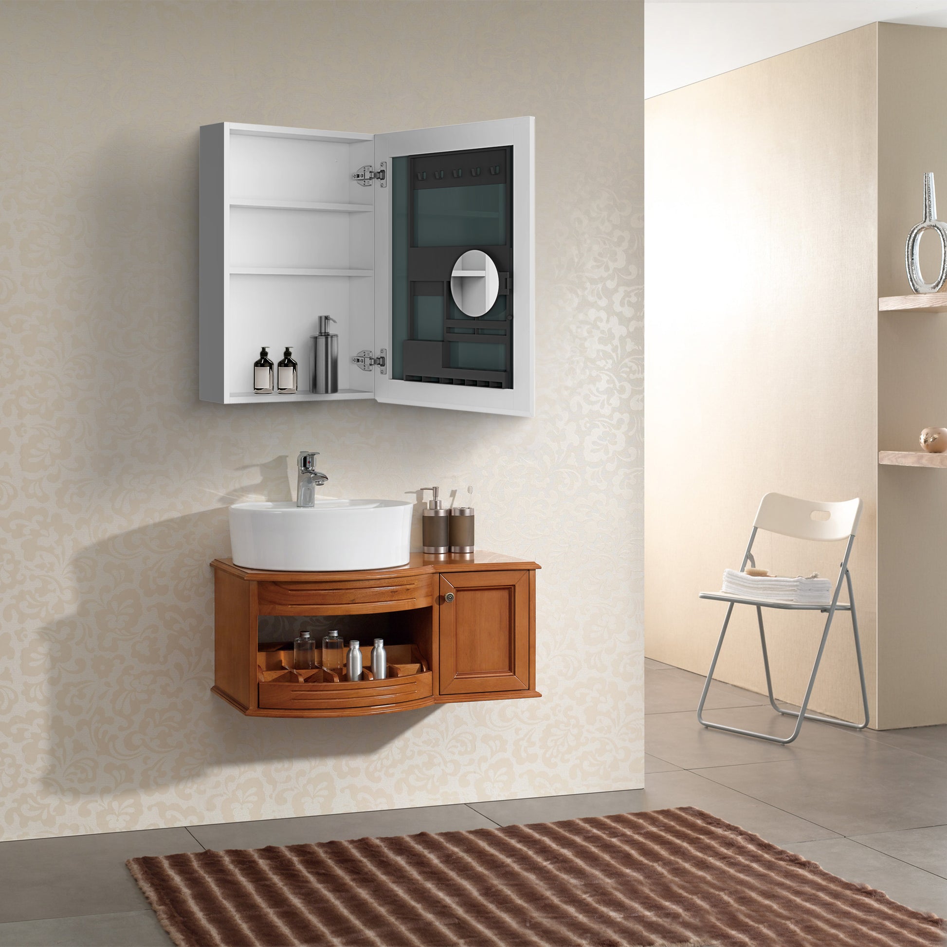 20" W X 26" H Single Door Bathroom Medicine Cabinet With Mirror, Recessed Or Surface Mount Bathroom Wall Cabinet, Beveled Edges,Silver White Engineered Wood