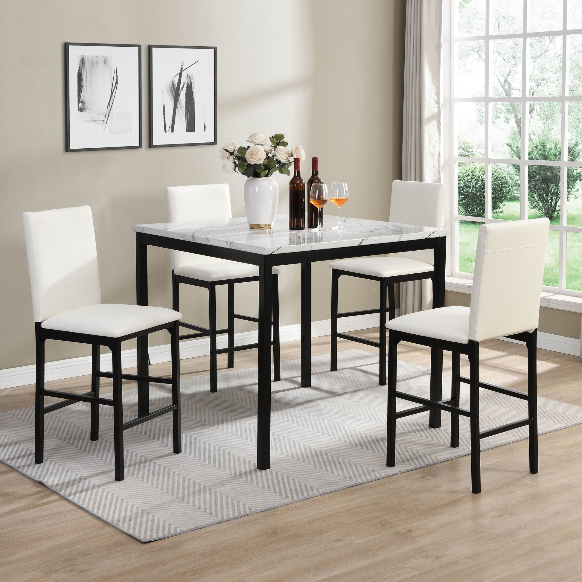 White Counter Height Chairs 4Pc Set Black Metal Frame Casual Dining Room Furniture Faux Leather Upholstered White Dining Room Casual,Transitional Metal