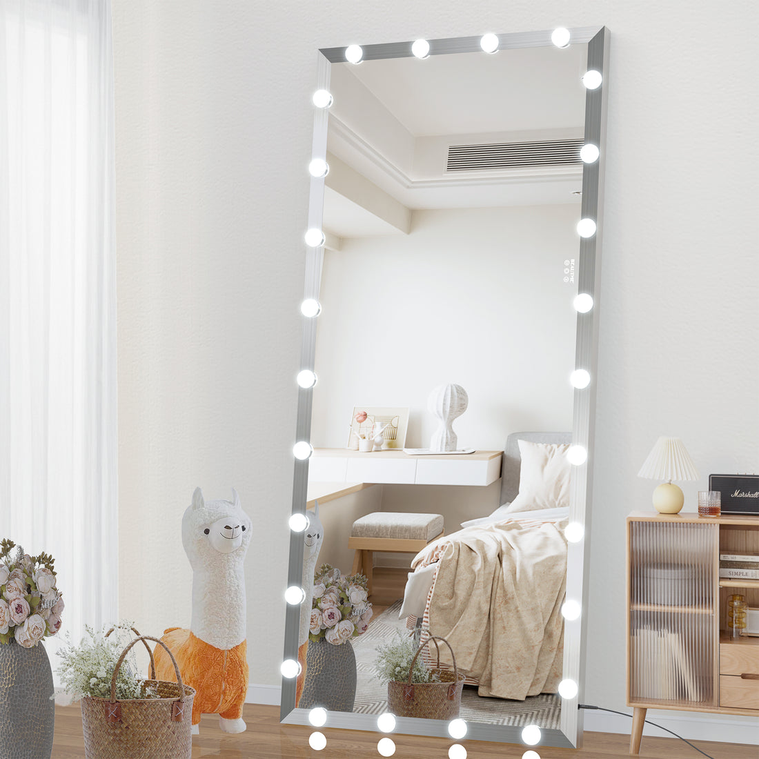 Hollywood Full Length Mirror With Lights Oversized Full Body Vanity Mirror With 3 Color Modes Lighted Large Standing Floor Mirror For Dressing Room Bedroom Hotel Touch Control,Silver,72X32 Inch Silver Aluminium