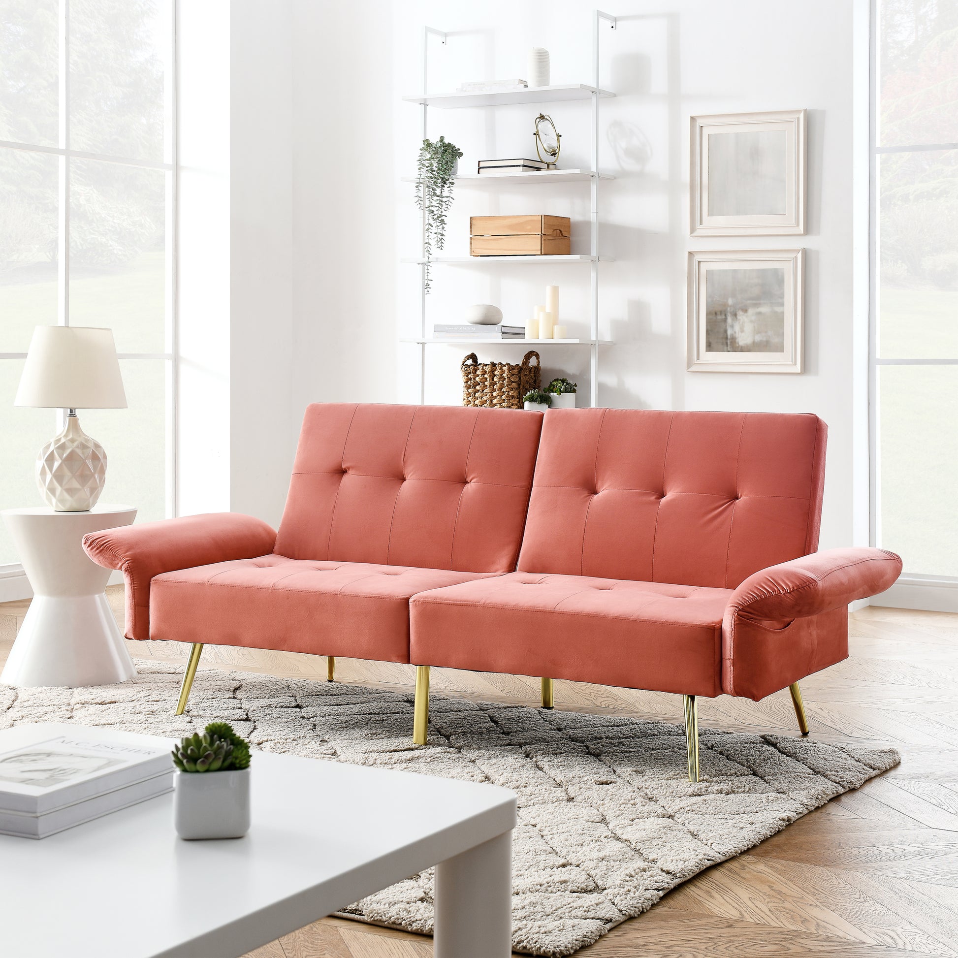 78" Italian Velvet Futon Sofa Bed, Convertible Sleeper Loveseat Couch With Folded Armrests And Storage Bags For Living Room And Small Space, Pink 280G Velvet Pink Velvet Wood Primary Living Space Medium Soft Tufted Back Modern Rolled Arms Foam Solid Wood