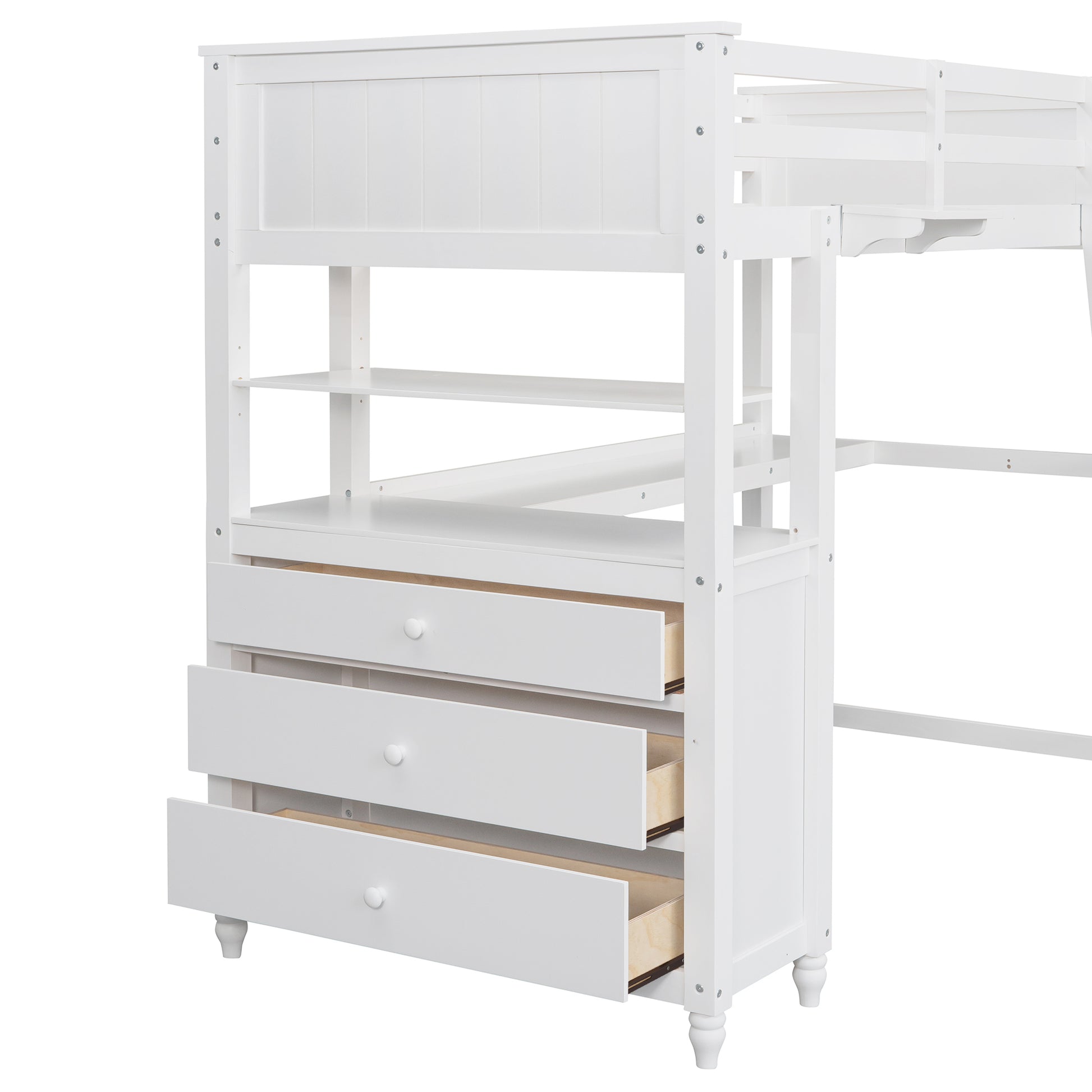 Twin Size Loft Bed With Drawers And Desk, Wooden Loft Bed With Shelves White Old Sku: Lt001530Aak White Solid Wood