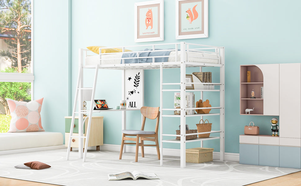 Twin Size Loft Metal Bed With 3 Layers Of Shelves And Desk, Stylish Metal Frame Bed With Whiteboard, White White Metal