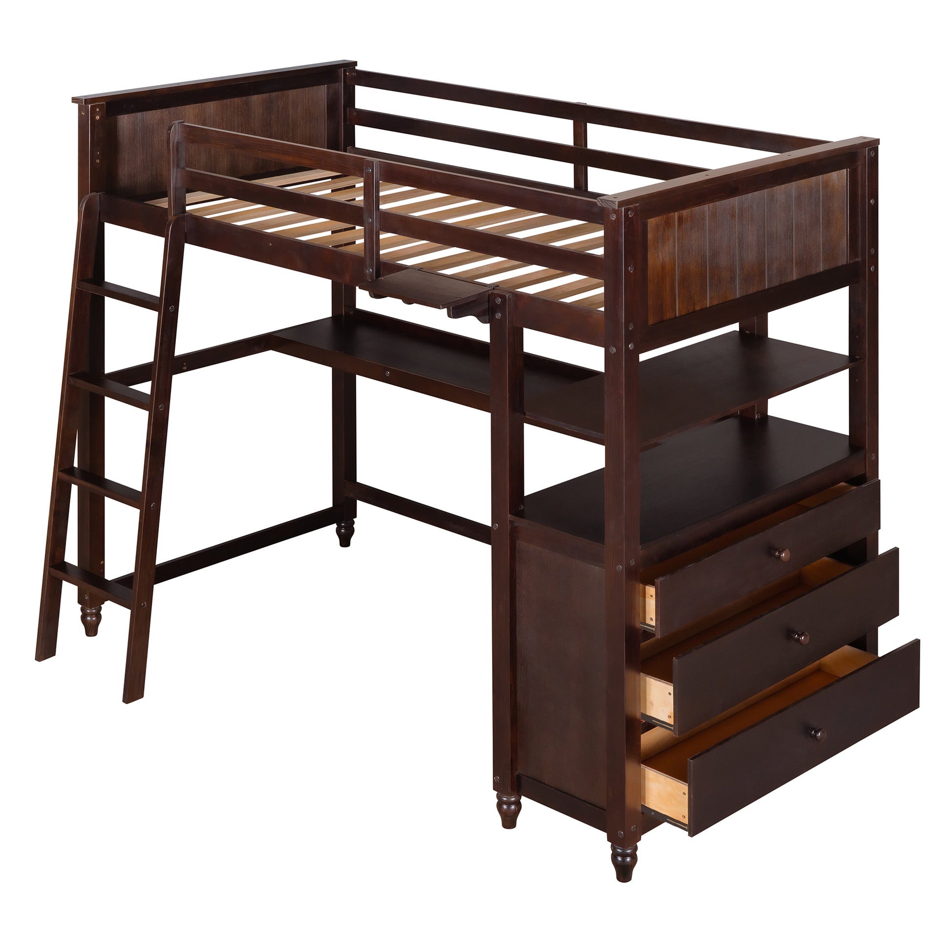 Twin Size Loft Bed With Drawers And Desk, Wooden Loft Bed With Shelves Espresso Old Sku: Lt001530Aap Espresso Solid Wood