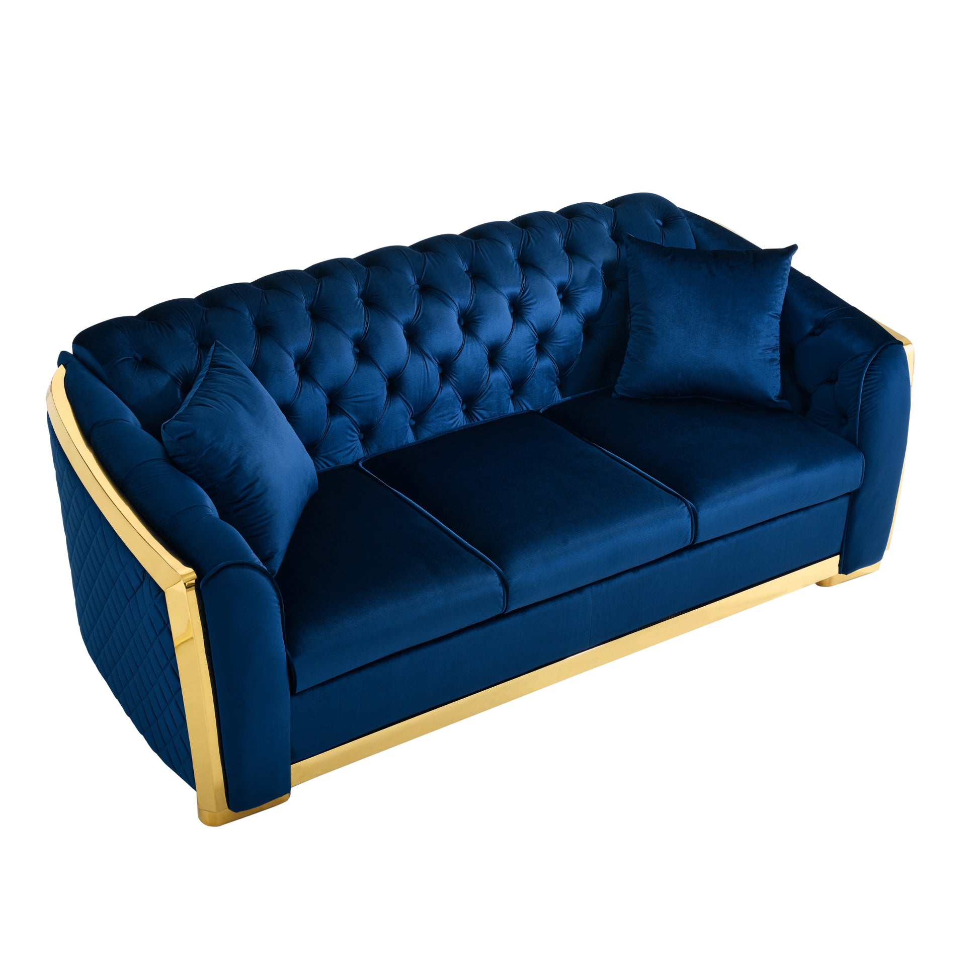 Velvet Luxury Chesterfield Sofa Set, 84 Inches Tufted 3 Seat Couch With Gold Stainless For Living Room, Navy Blue Fabric Navy Blue Velvet Wood Primary Living Space Medium Soft Tufted Back European Rolled Arms Foam Wood Stainless Steel 3 Seat