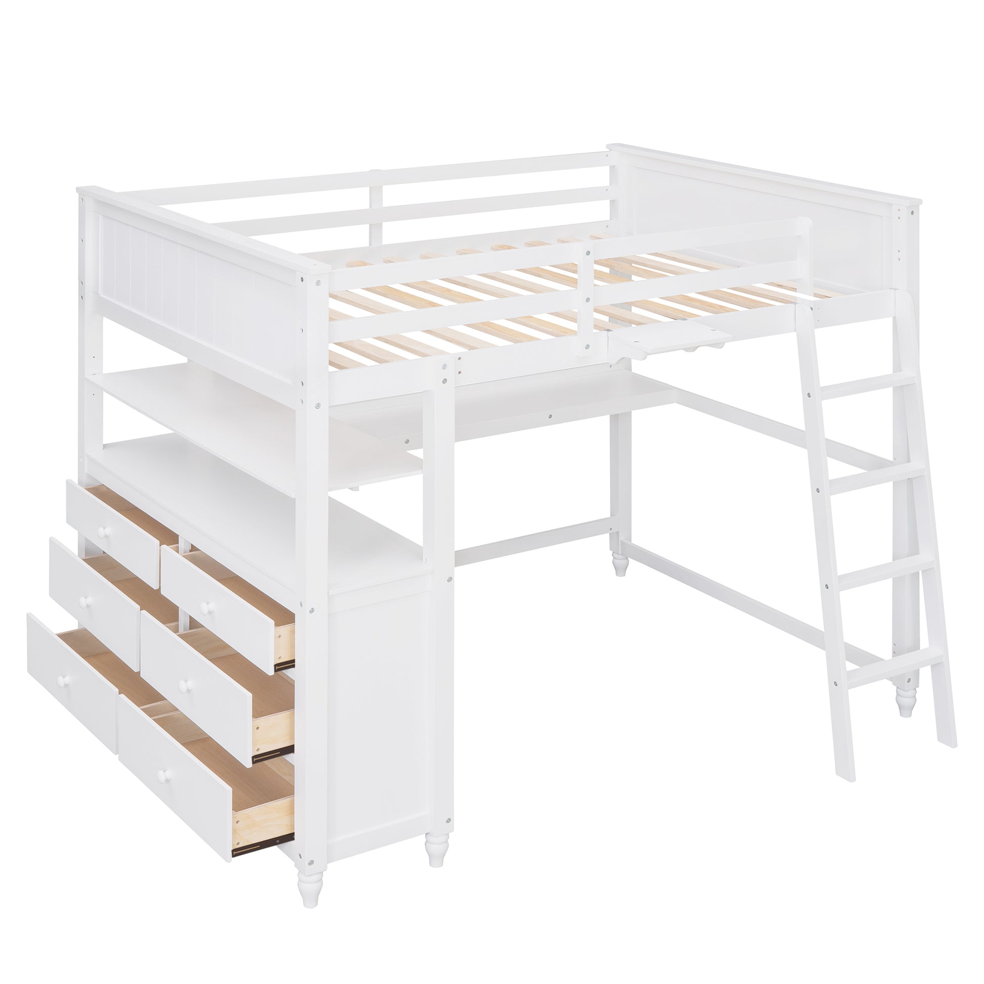 Full Size Loft Bed With Drawers And Desk, Wooden Loft Bed With Shelves White Old Sku:Lt001529Aak White Solid Wood