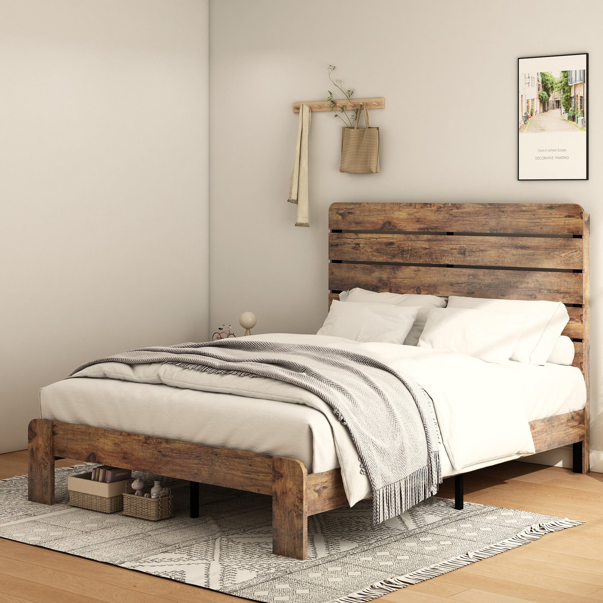 Bed Frame King Size, Wood Platform Bed Framenoise Free,No Box Spring Needed And Easy Assembly Tool,Large Under Bed Storage,Dark Brown Box Spring Not Required King Dark Brown Brown Wood Bedroom Bed Frame Metal & Wood