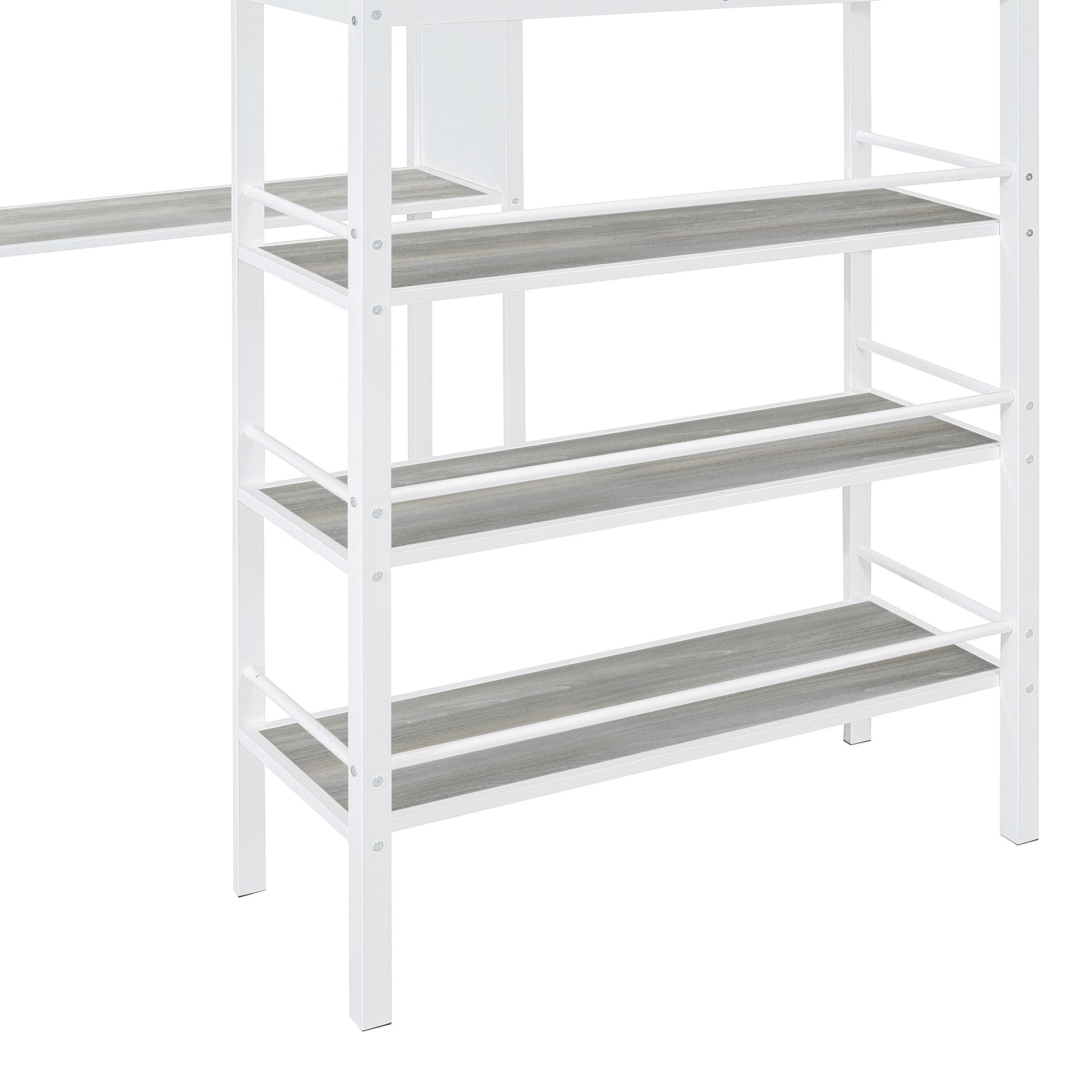 Twin Size Loft Metal Bed With 3 Layers Of Shelves And Desk, Stylish Metal Frame Bed With Whiteboard, White White Metal