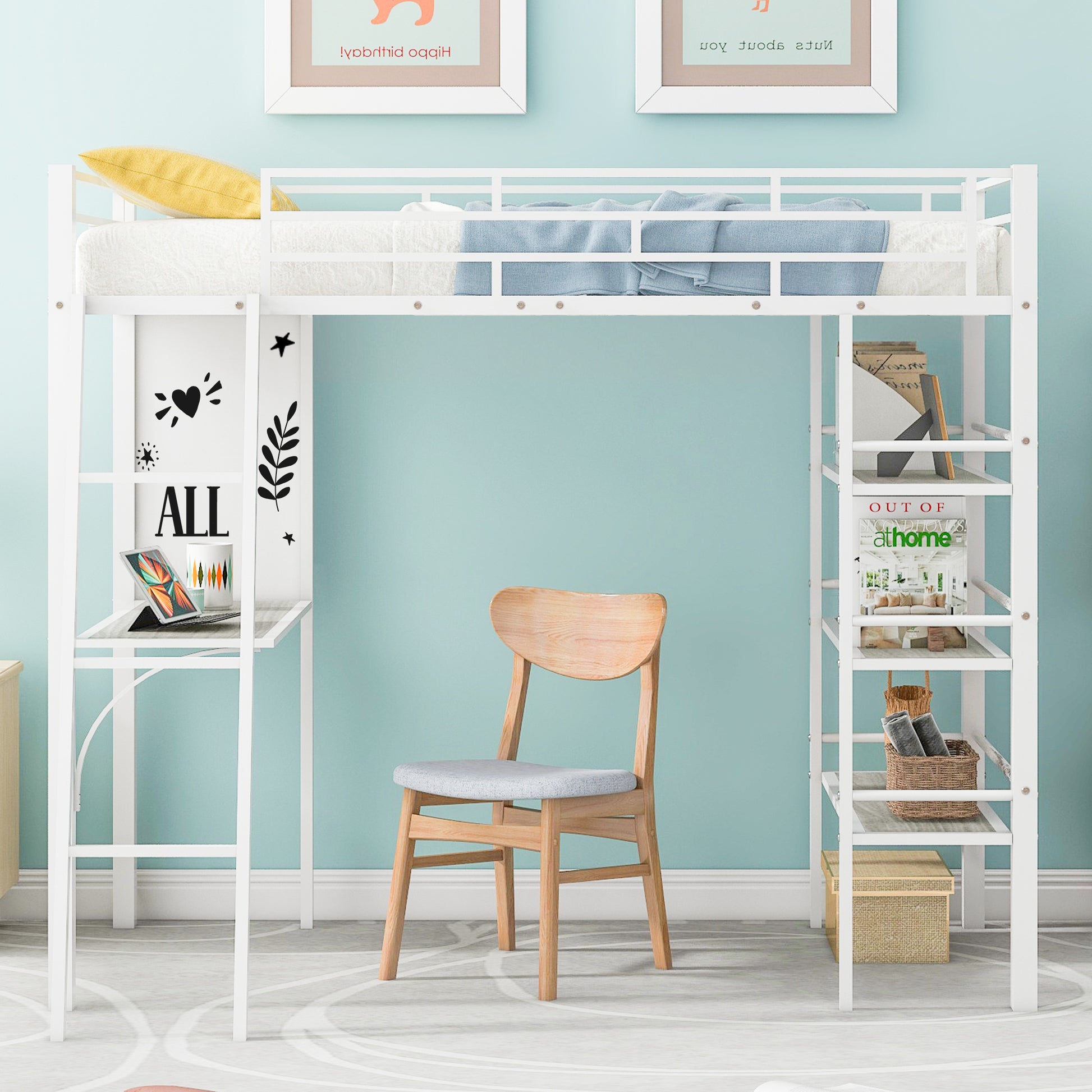 Twin Size Loft Metal Bed With 3 Layers Of Shelves And Desk, Stylish Metal Frame Bed With Whiteboard, White White Metal