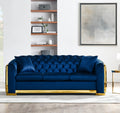 Velvet Luxury Chesterfield Sofa Set, 84 Inches Tufted 3 Seat Couch With Gold Stainless For Living Room, Navy Blue Fabric Navy Blue Velvet Wood Primary Living Space Medium Soft Tufted Back European Rolled Arms Foam Wood Stainless Steel 3 Seat