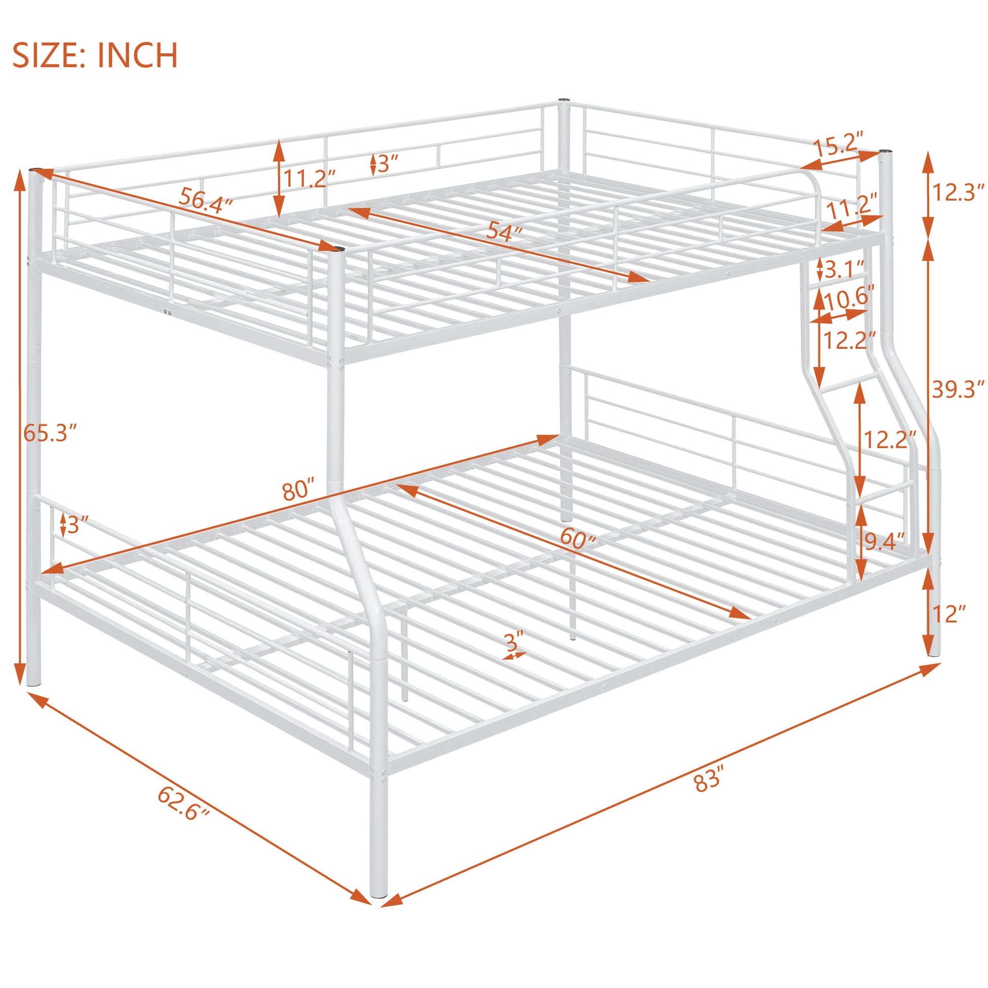Full Xl Over Queen Metal Bunk Bed, White White Iron